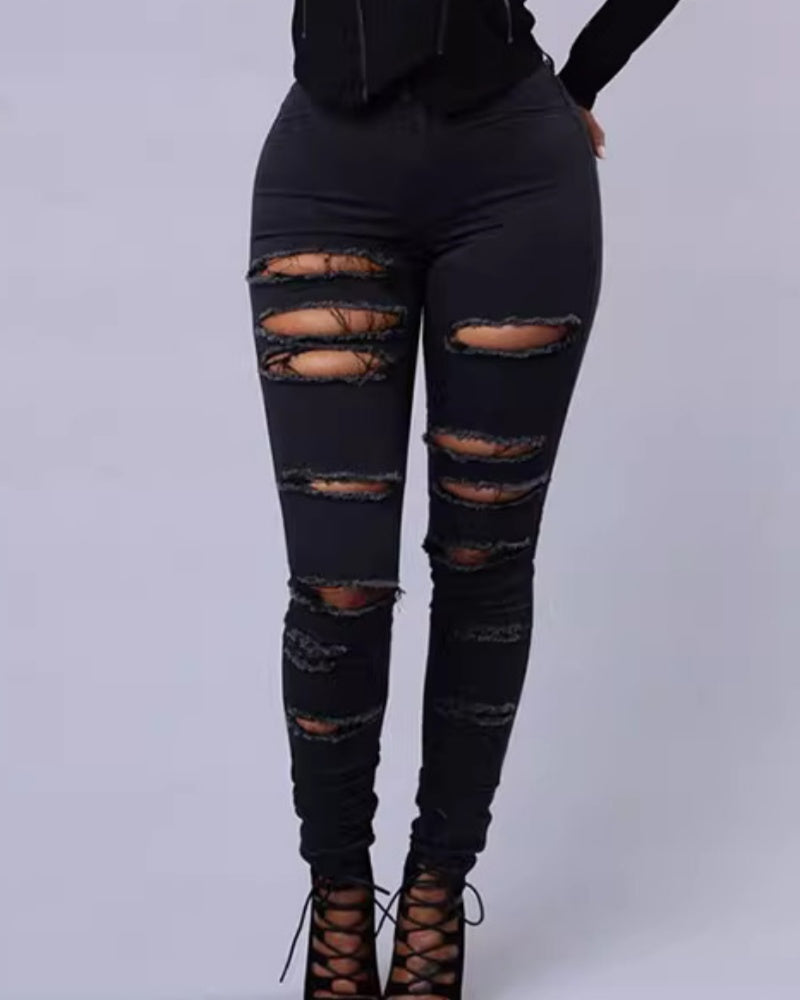 High-waist Stretch Ripped Skinny Jeans - By Qivii