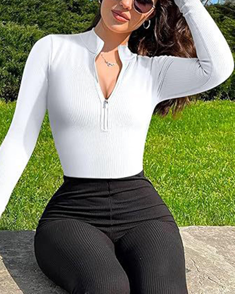 Zipper Front Long Sleeve Sexy Ribbed Triangle Bodysuit - By Qivii