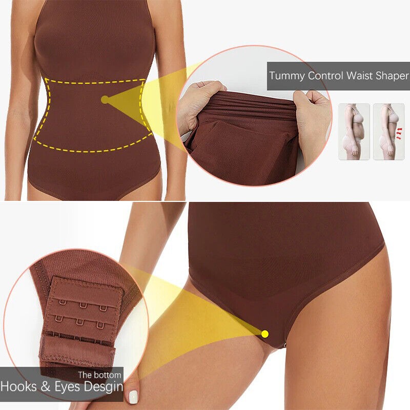 Seamless Racerback Top Tummy Control Crew Neck Bodysuit - By Qivii