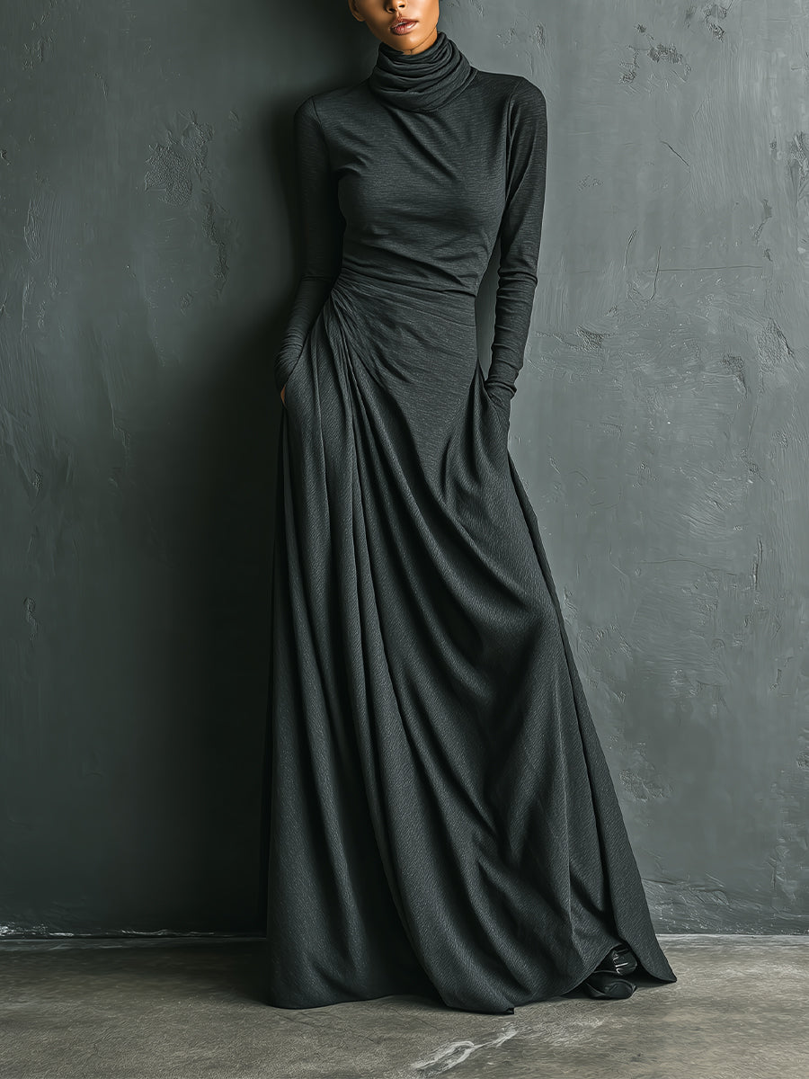 Women's Charcoal Elegant Stretch Polyester-Cotton Blend Turtleneck Draped Maxi Dress MDA1727J1I