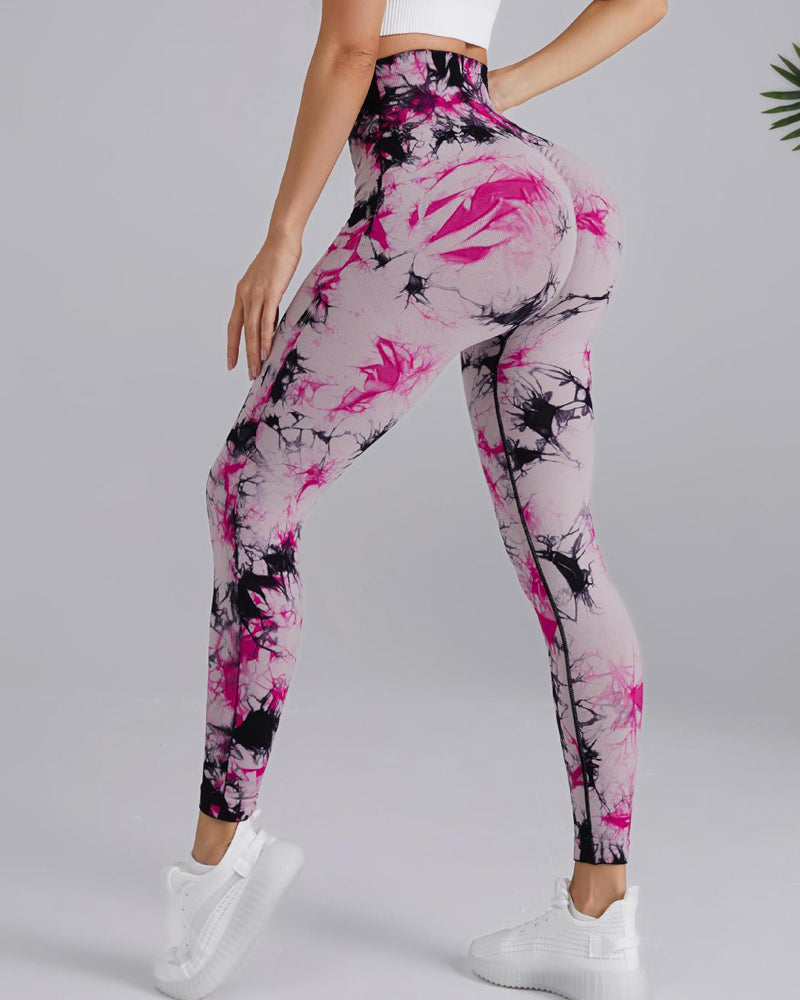 Seamless High Stretchy Tie Dye Scrunch Butt Lifting Wideband Waist Yoga Pants - By Qivii