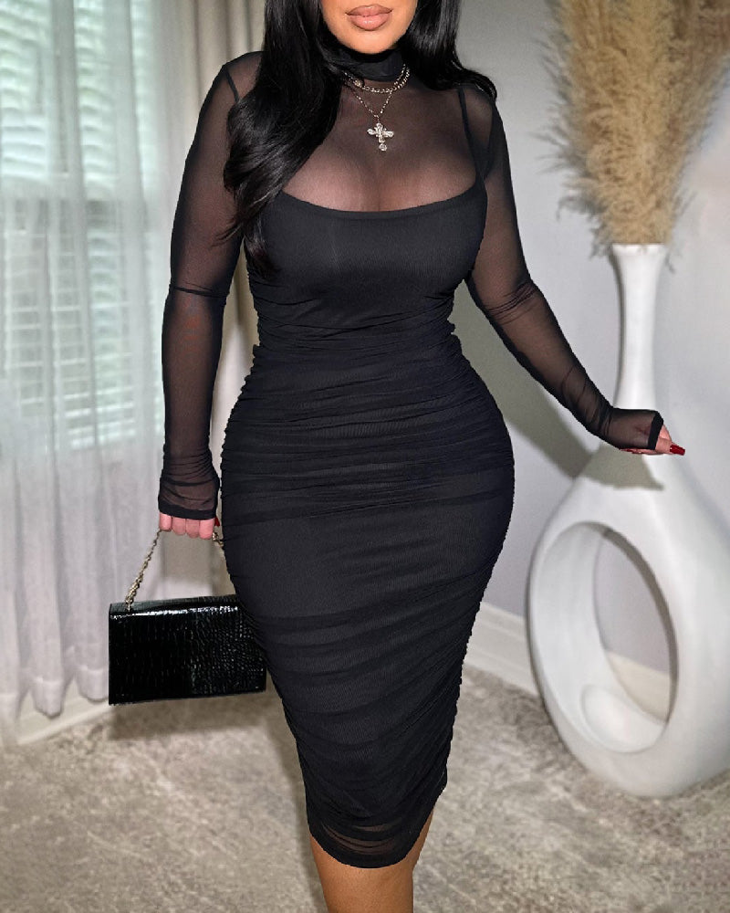 Women's Ruched Mesh Sheer Mock Neck Long Sleeve Midi Bodycon Dress - By Qivii