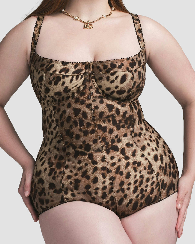 Shapshe® Sexy Leopard Picot-Trim Bodysuit Balconette Neck Stretch Shapewear