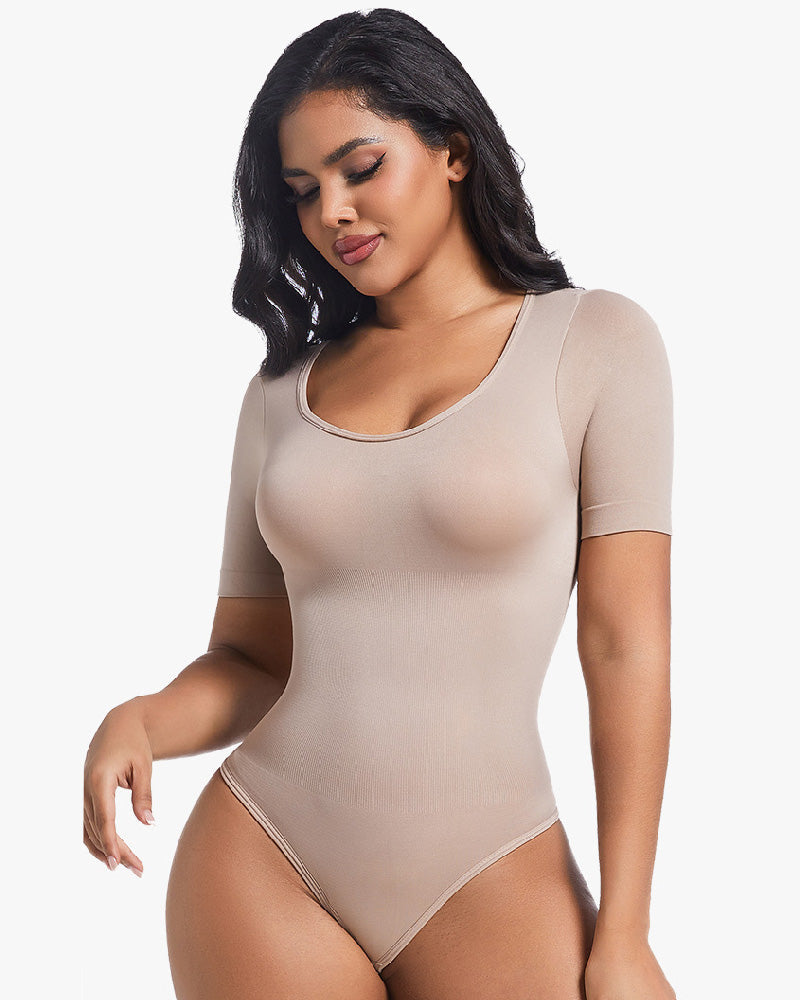Seamless Short Sleeve Thong Bodysuit Tummy Control Round Neck Body Shaper