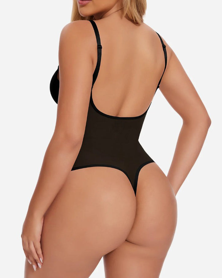 Sexy Plunge Neck Backless Mesh Panel Shapewear Thong Bodysuit