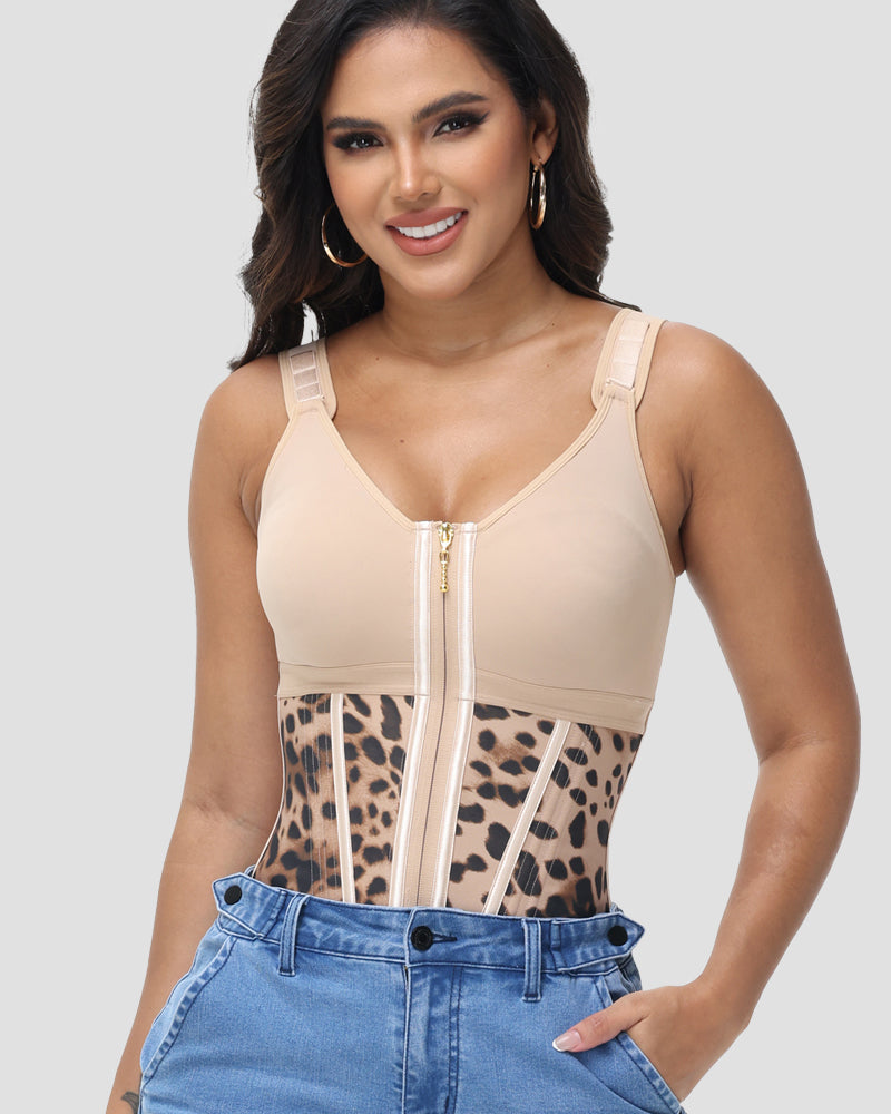 Women's Leopard Print Vest Tummy Control Waist Trainer With Bra - By Qivii
