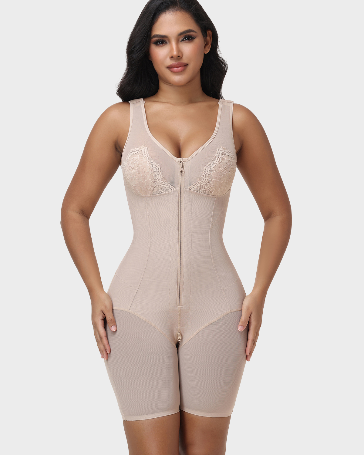 V Neck Lace Mesh Panel Mid Thigh Tummy Control Bodysuit Zipper Shapewear