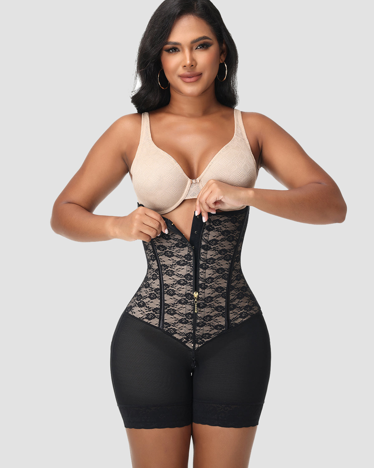 Extra Firm Hourglass Waist Tummy Control Zipper Shapewear with Lace