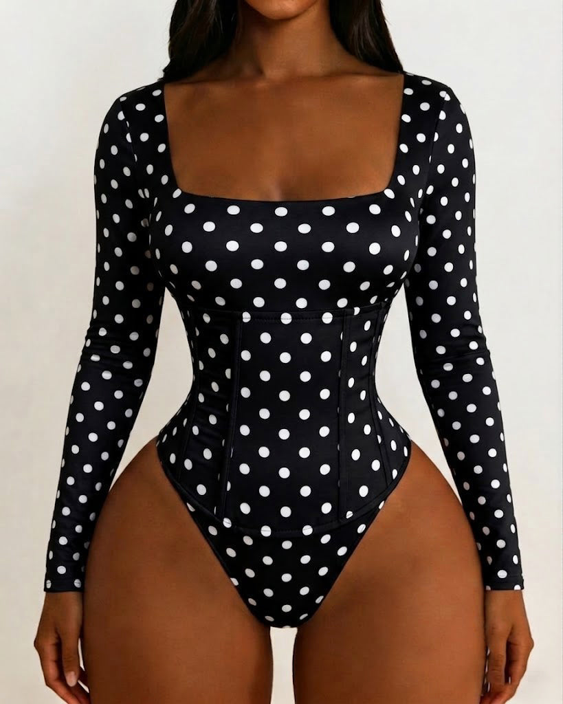 Polka Dot Square Neck Long Sleeve Bodysuit Detachable Corset Two Piece Set