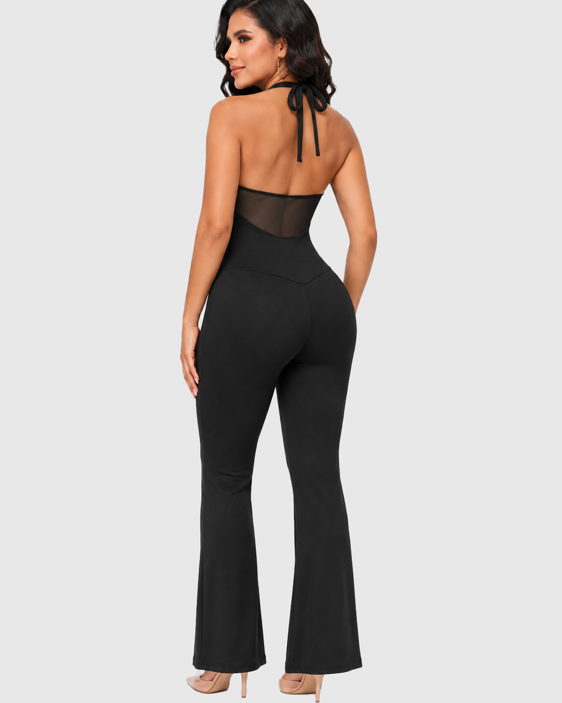 Front Drawstring Halter Mesh Back Flare Leg Jumpsuit - By Qivii