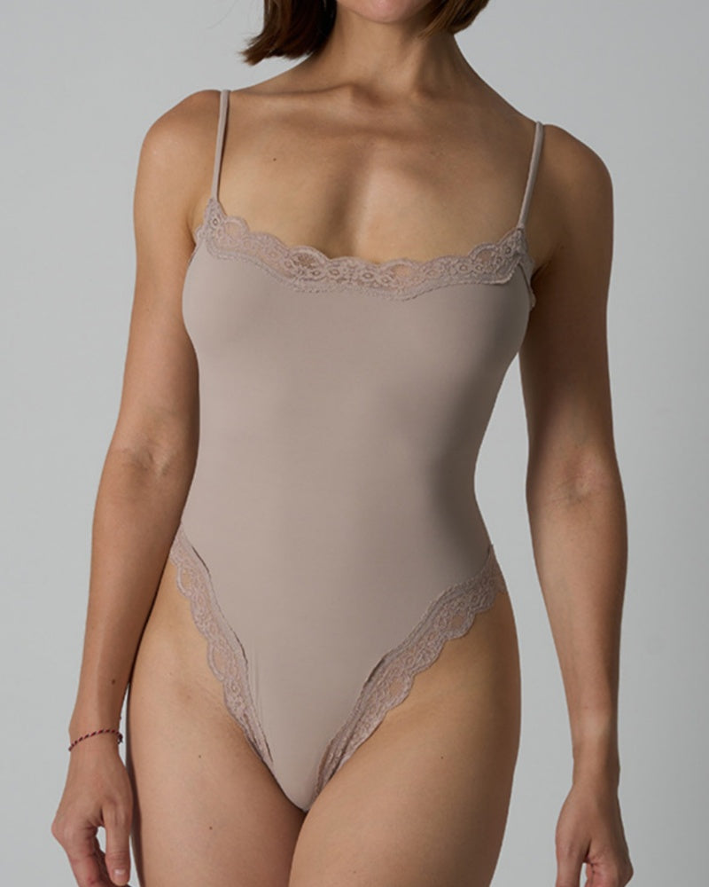 Spaghetti Strap Triangle Shapewear Bodysuit with Lace Trim