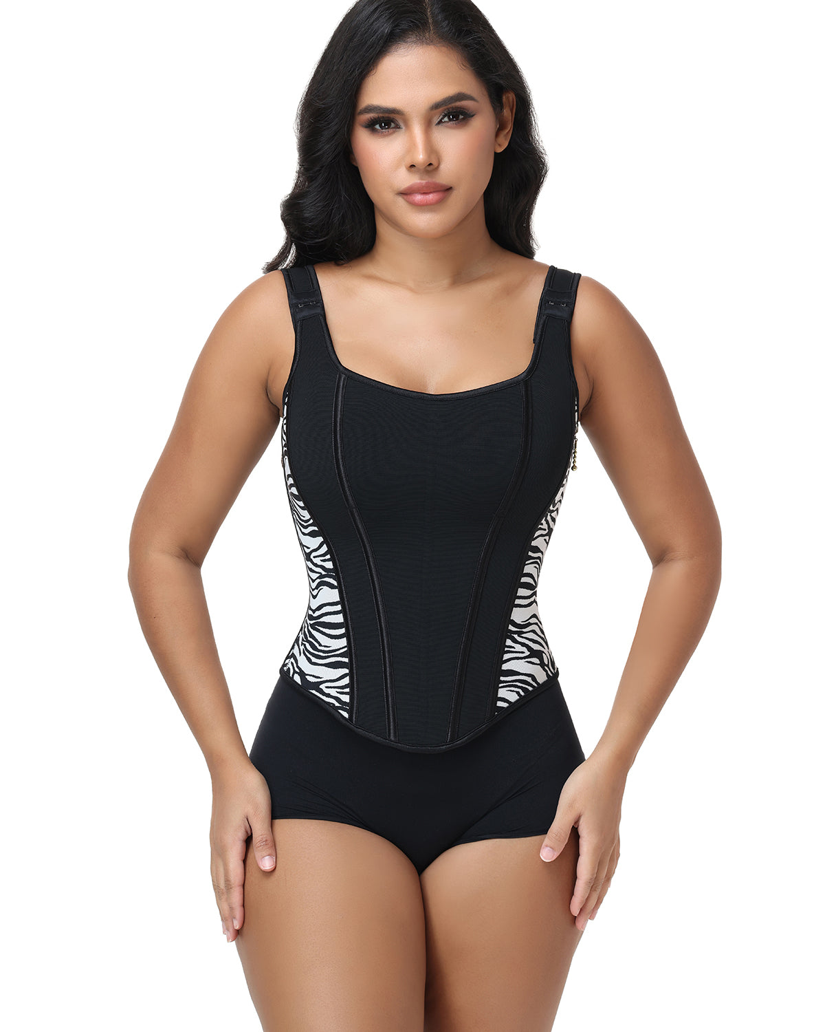 Square Neck Adjustable Strap Zebra Print Tummy Control Waist Trainer Vest