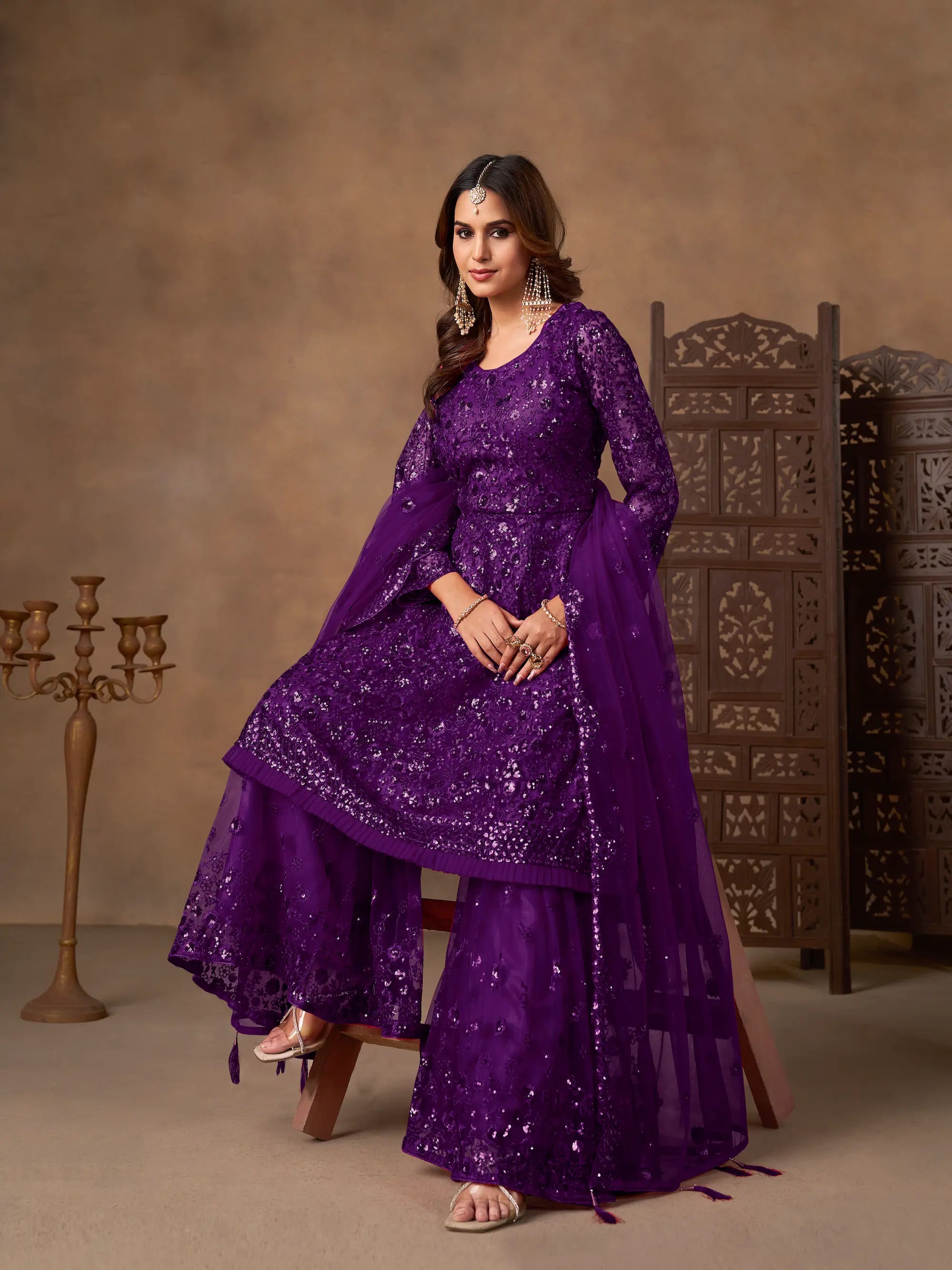 Purple Net Embroidery Work Sharara Set