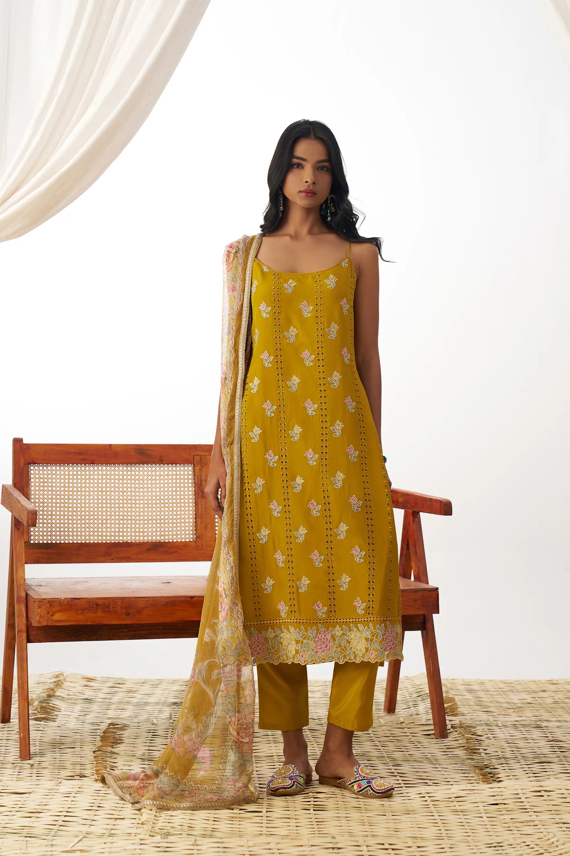 Mustard Yellow Fancy Embroidered Work Organza Salwar Suit With Dupatta - qivii