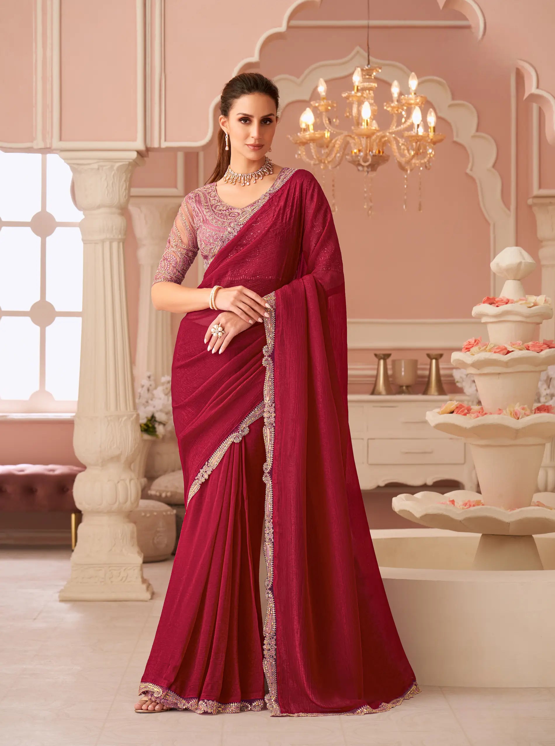 Cherry Red Rainbow Georgette Thread & Sequins Embroidery Work Saree - qivii