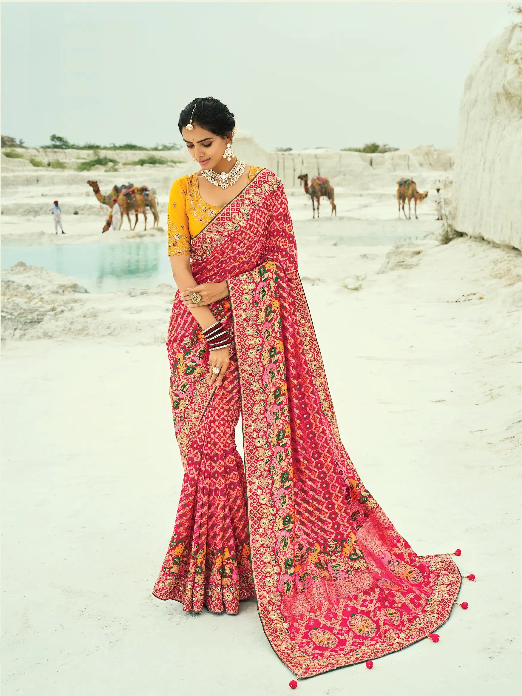 Red Georgette Heavy Embroidered Bandhej Saree - qivii