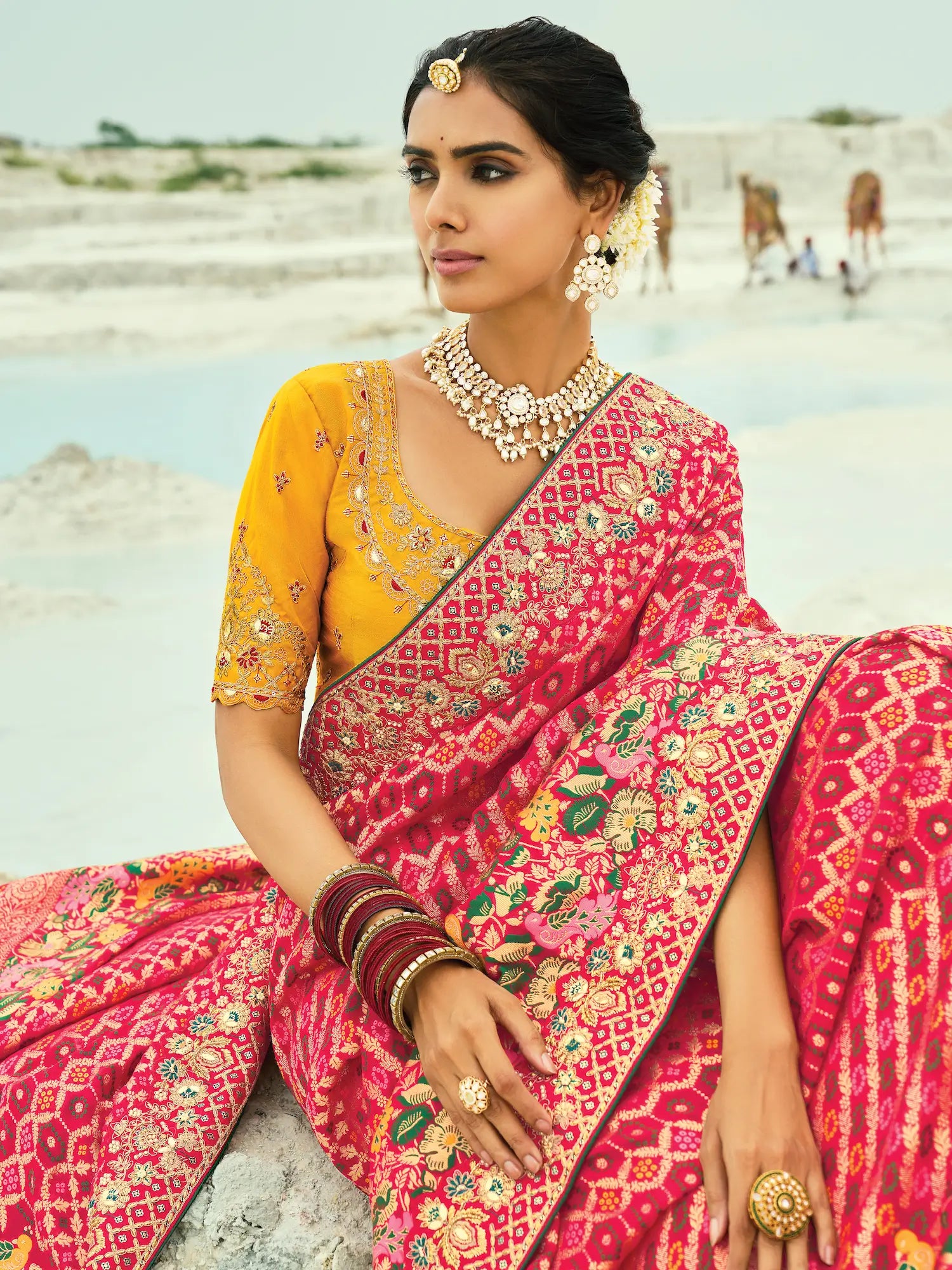 Red Georgette Heavy Embroidered Bandhej Saree - qivii