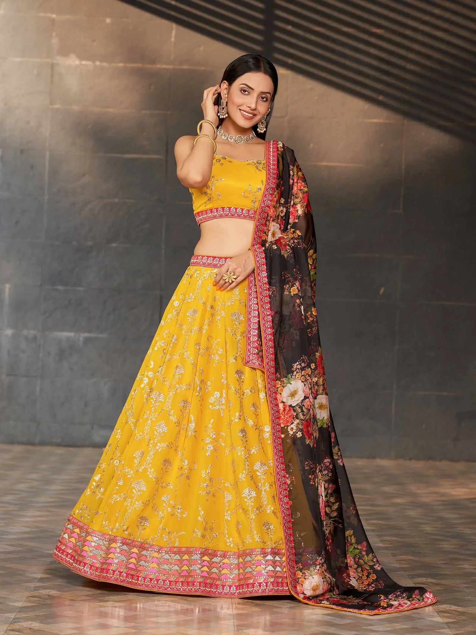 Yellow Black Georgette Lehenga With Thread Zari Sequins Embroidery Work With Digital print | Ready To Wear - qivii