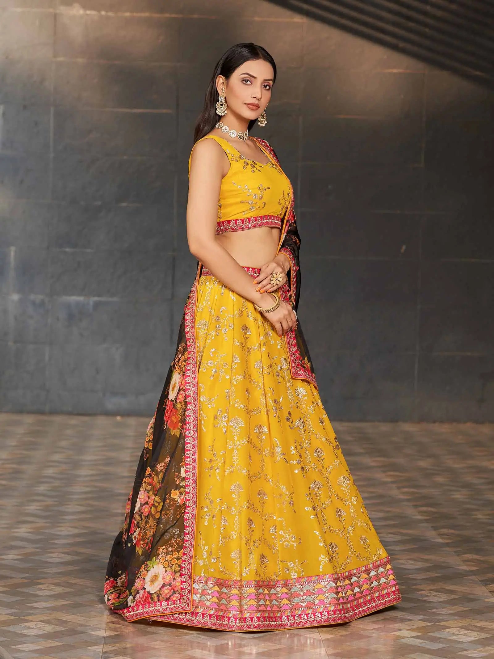 Yellow Black Georgette Lehenga With Thread Zari Sequins Embroidery Work With Digital print | Ready To Wear - qivii