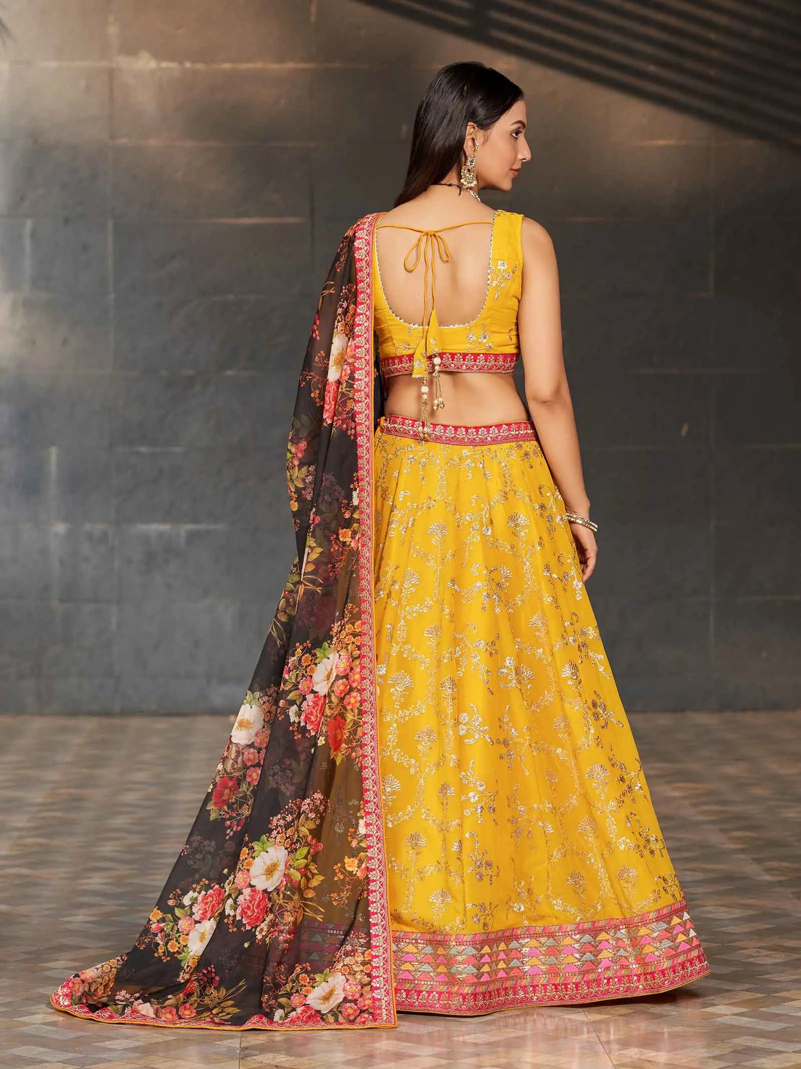 Yellow Black Georgette Lehenga With Thread Zari Sequins Embroidery Work With Digital print | Ready To Wear - qivii