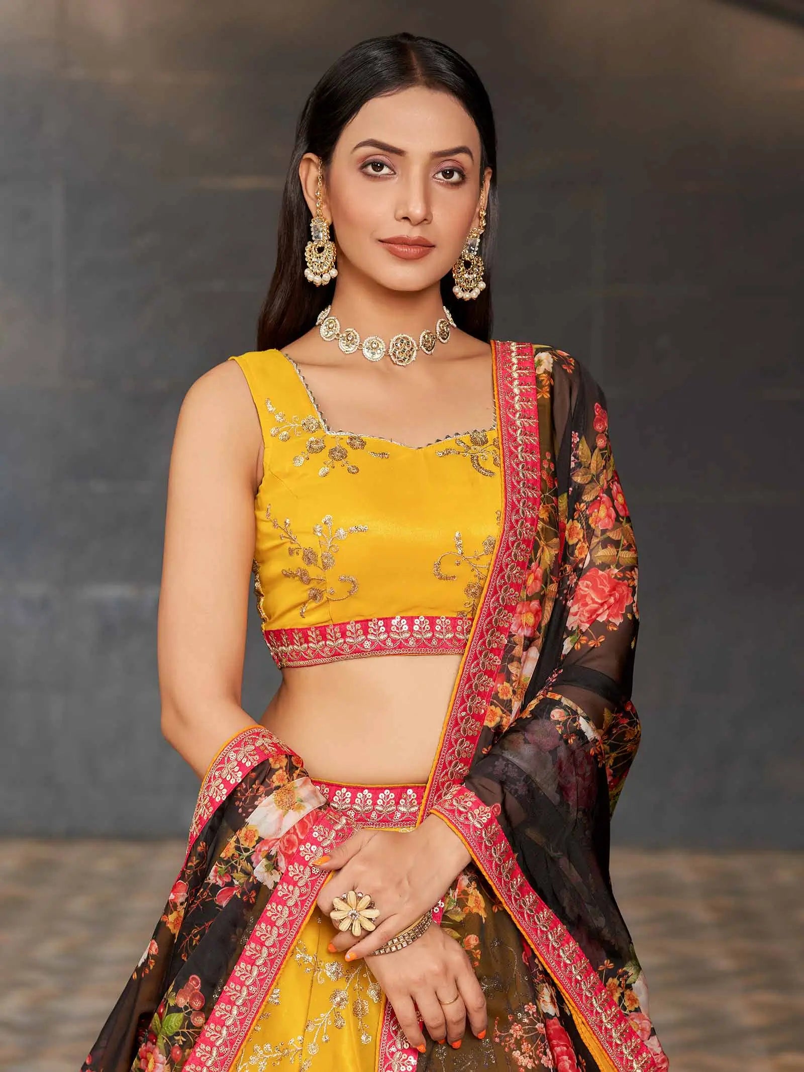 Yellow Black Georgette Lehenga With Thread Zari Sequins Embroidery Work With Digital print | Ready To Wear - qivii