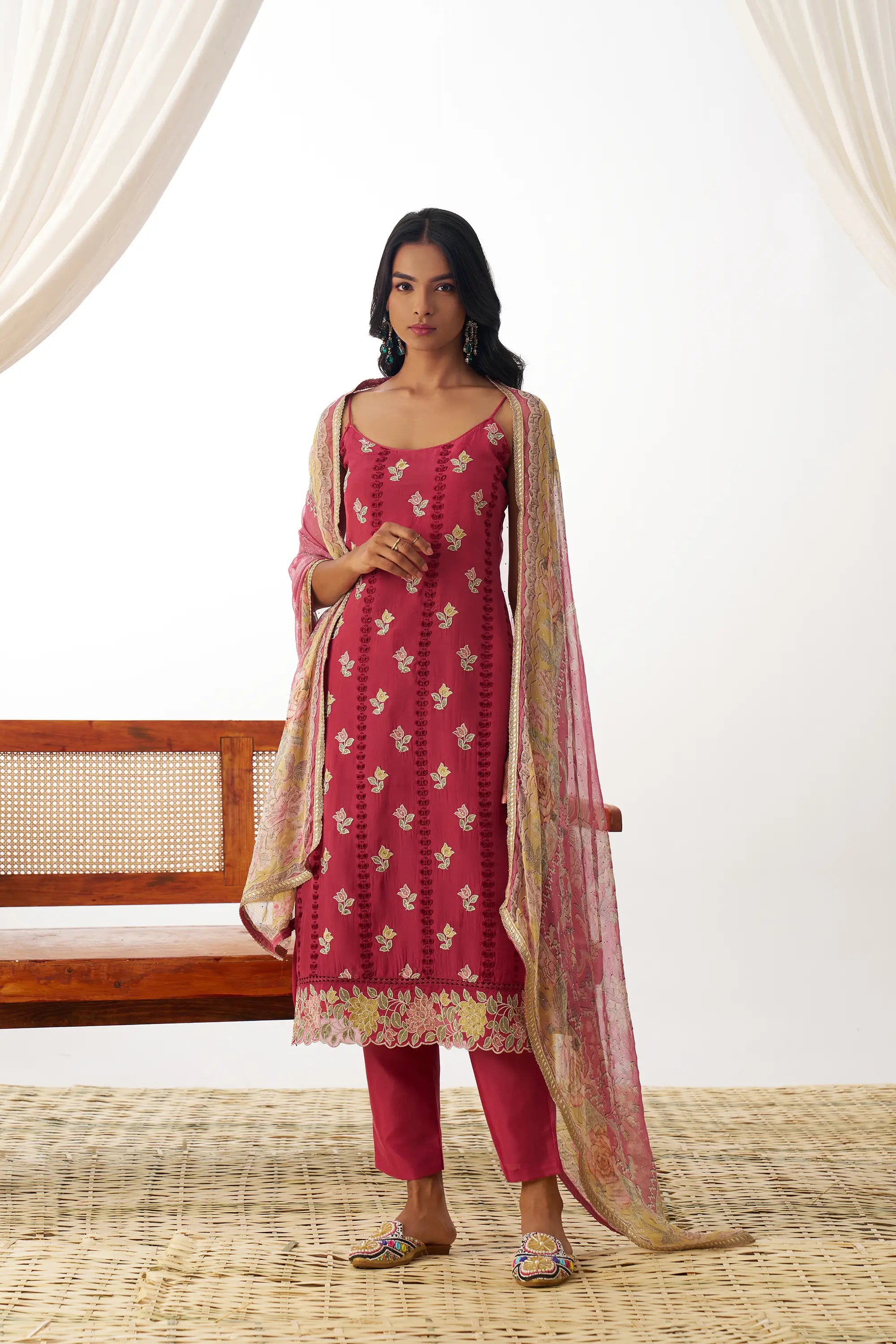 Dull Red Fancy Embroidered Work Organza Salwar Suit With Dupatta - qivii