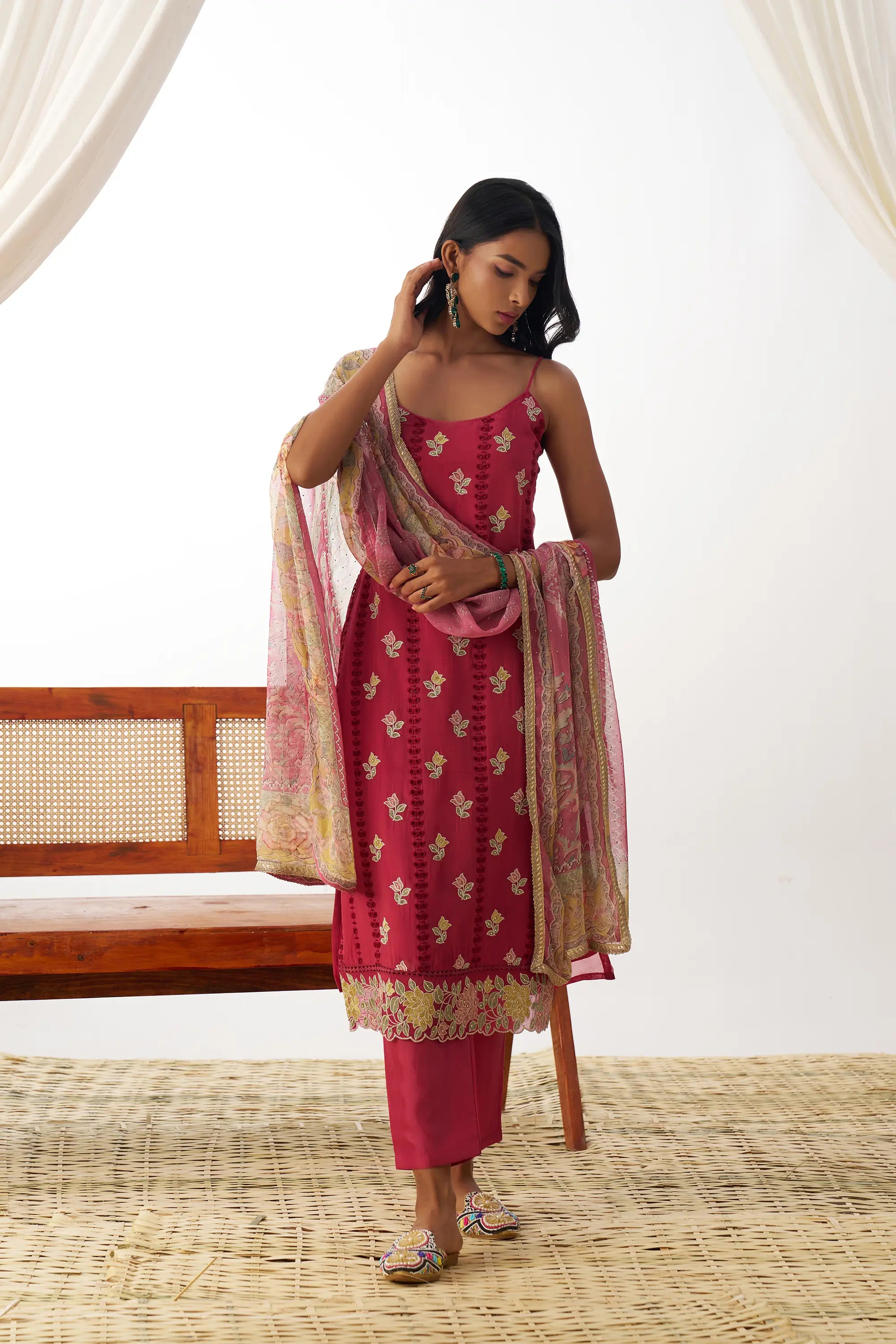 Dull Red Fancy Embroidered Work Organza Salwar Suit With Dupatta - qivii