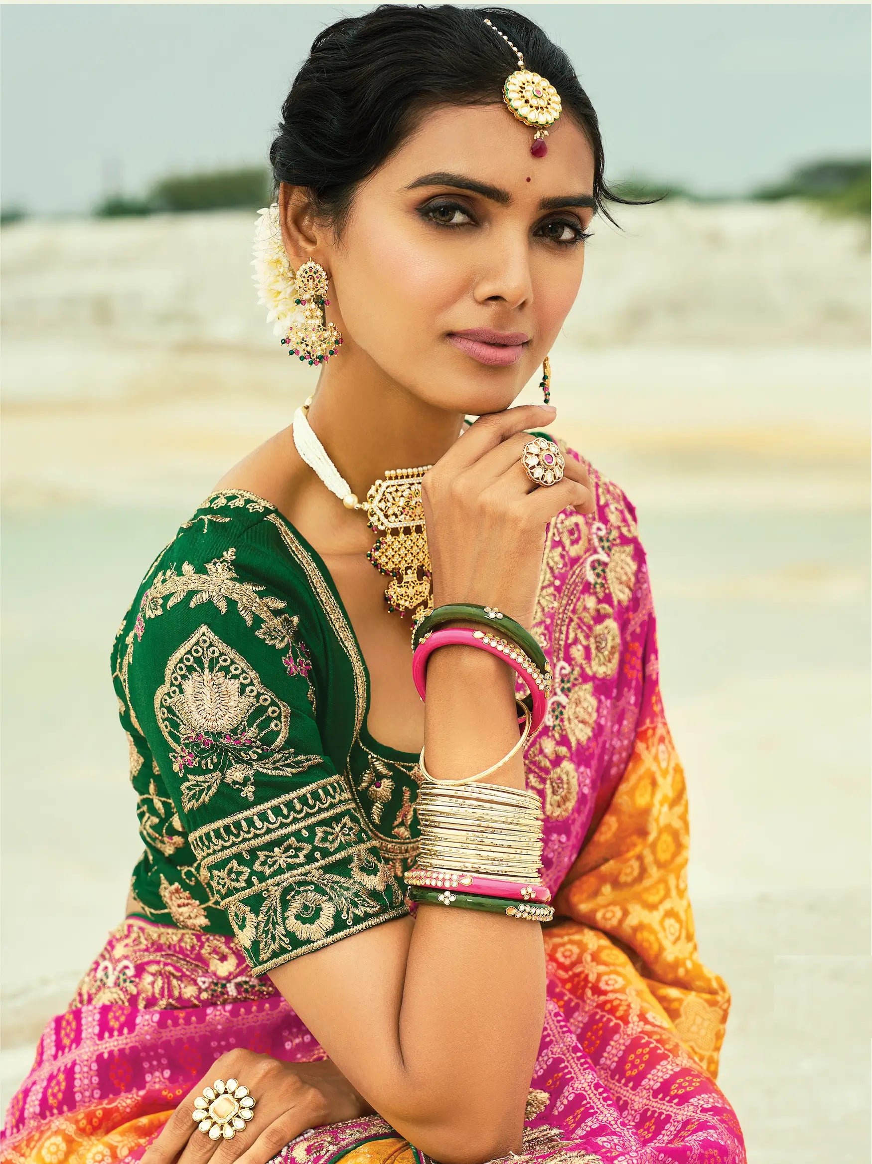 Mustard-Rani Pink Georgette Heavy Embroidered Bandhej Saree - qivii