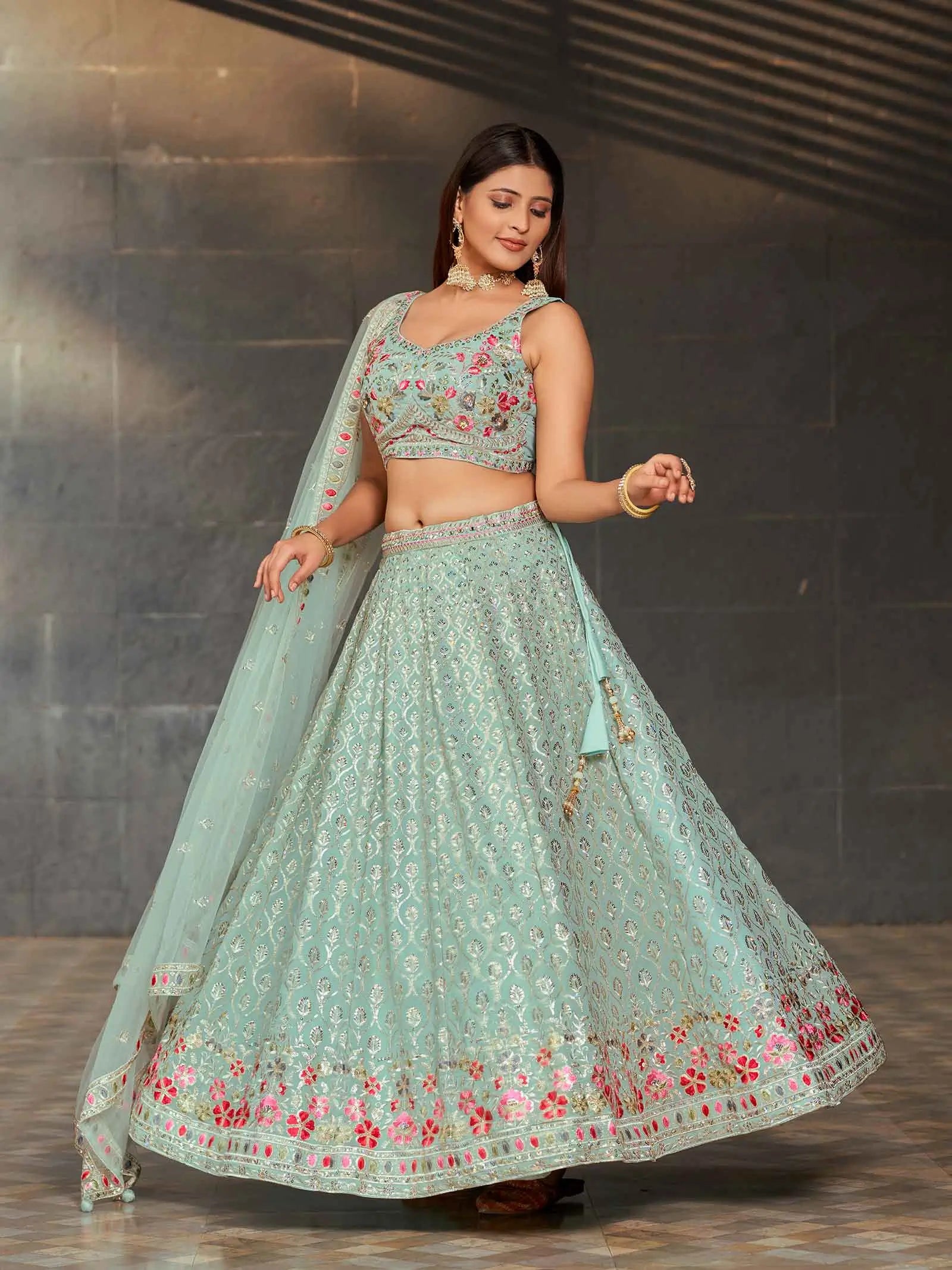 Summer Green Georgette Lehenga With Multi Color Thread Zari Sequins Embroidery Work | Ready To Wear - qivii