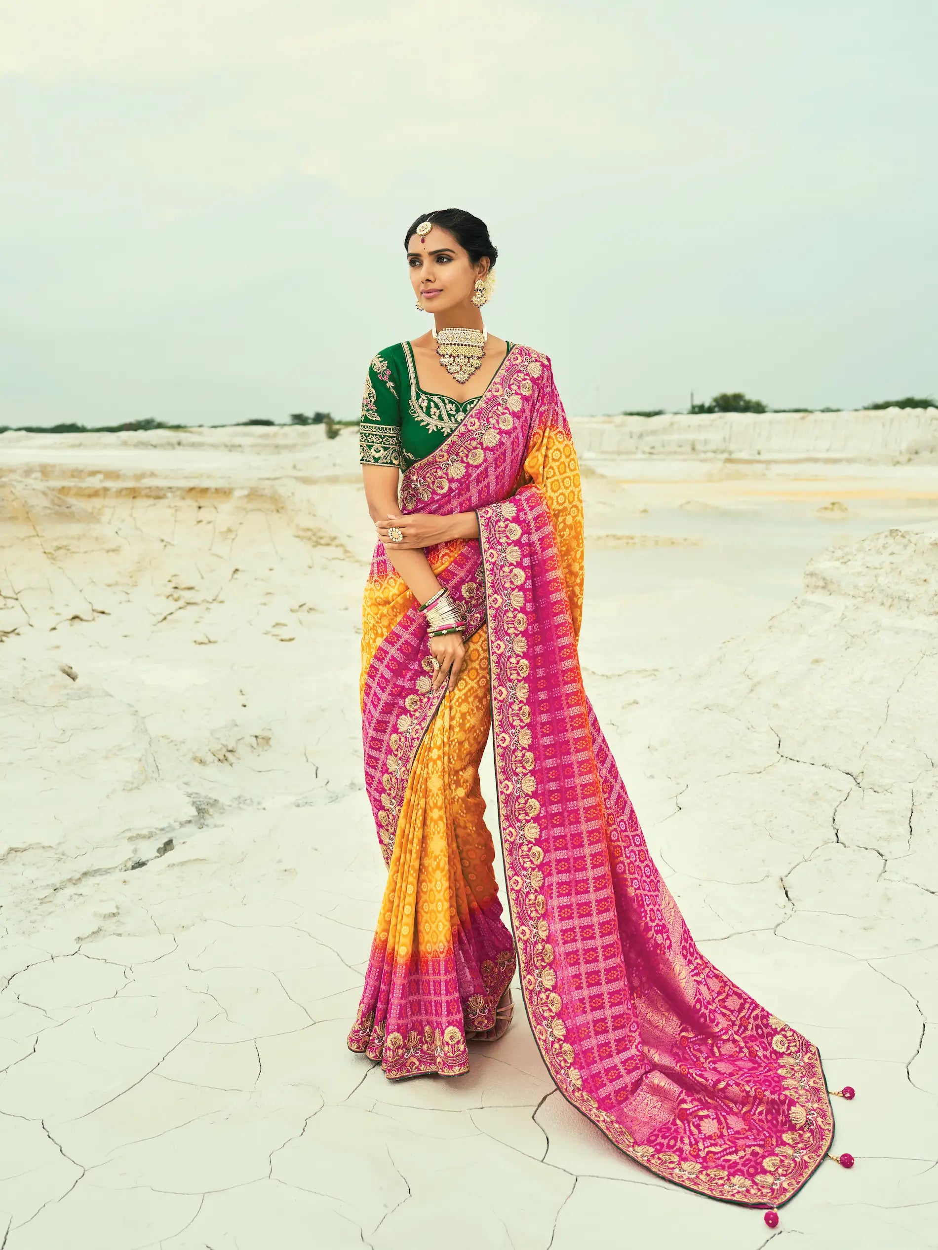 Mustard-Rani Pink Georgette Heavy Embroidered Bandhej Saree - qivii