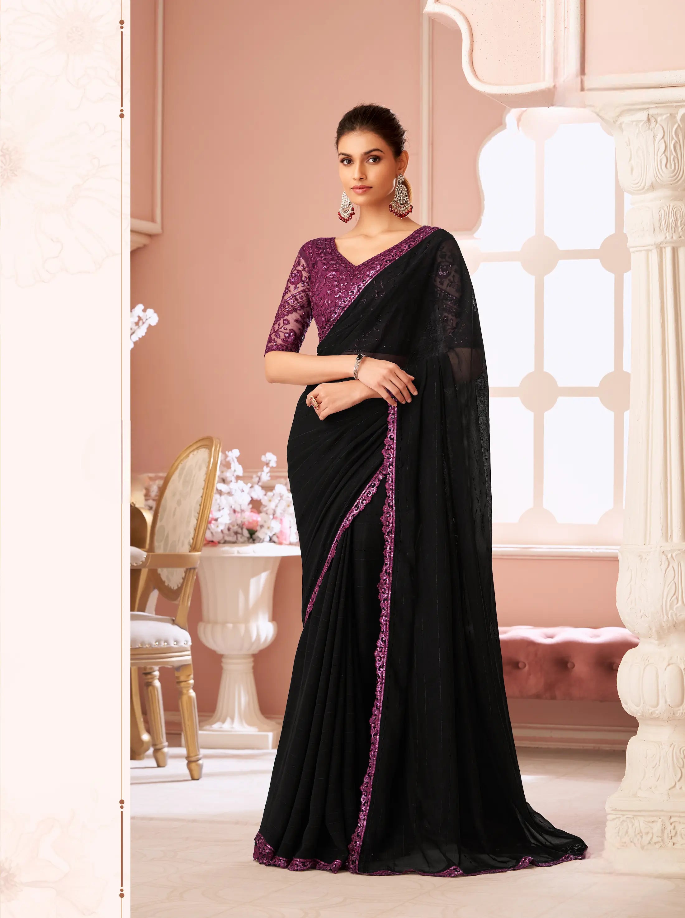 Black Pattern Georgette Thread & Sequins Embroidery Work Saree - qivii