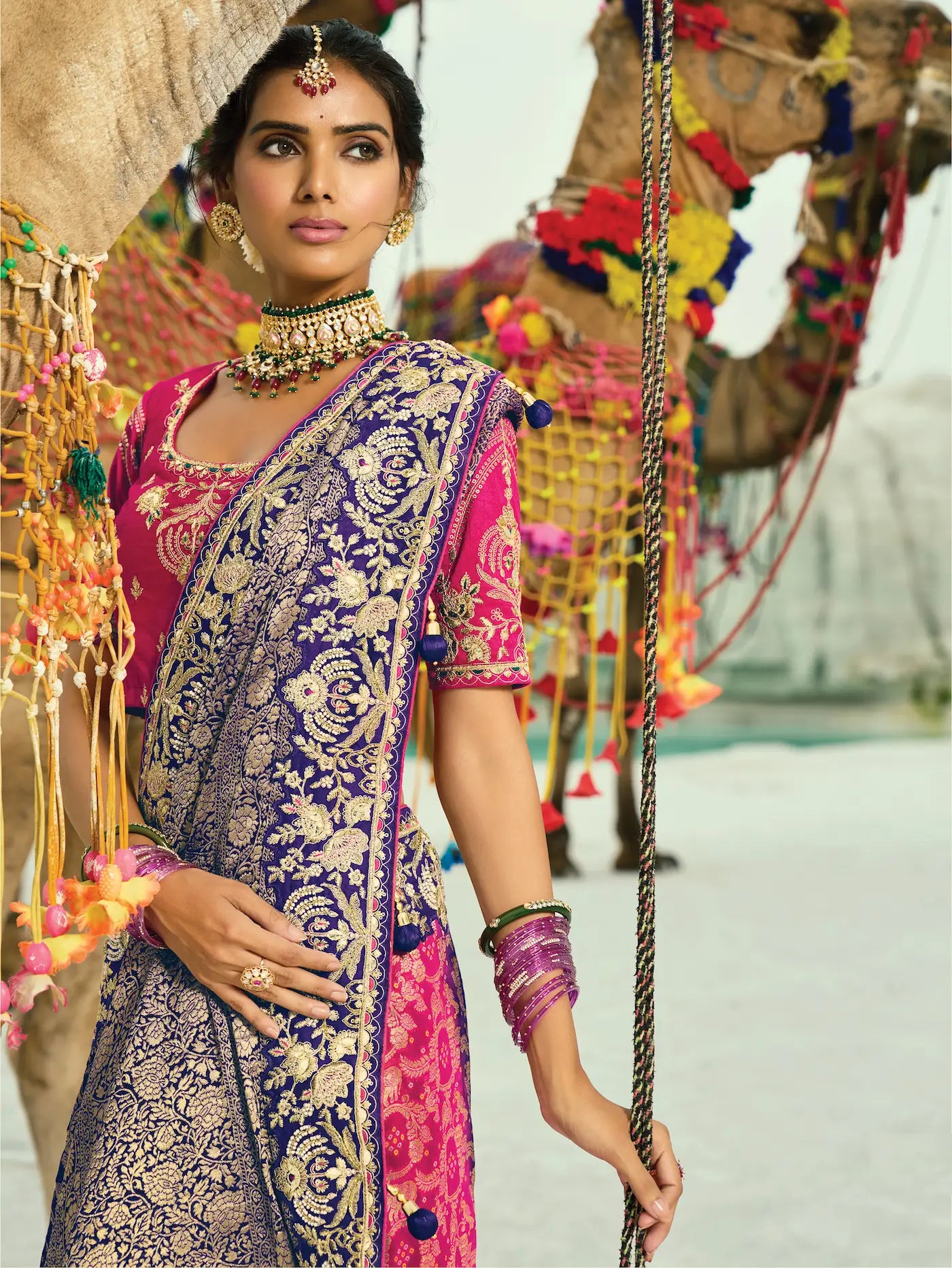 Purple-Pink-Orange Georgette Heavy Embroidered Bandhej Saree - qivii