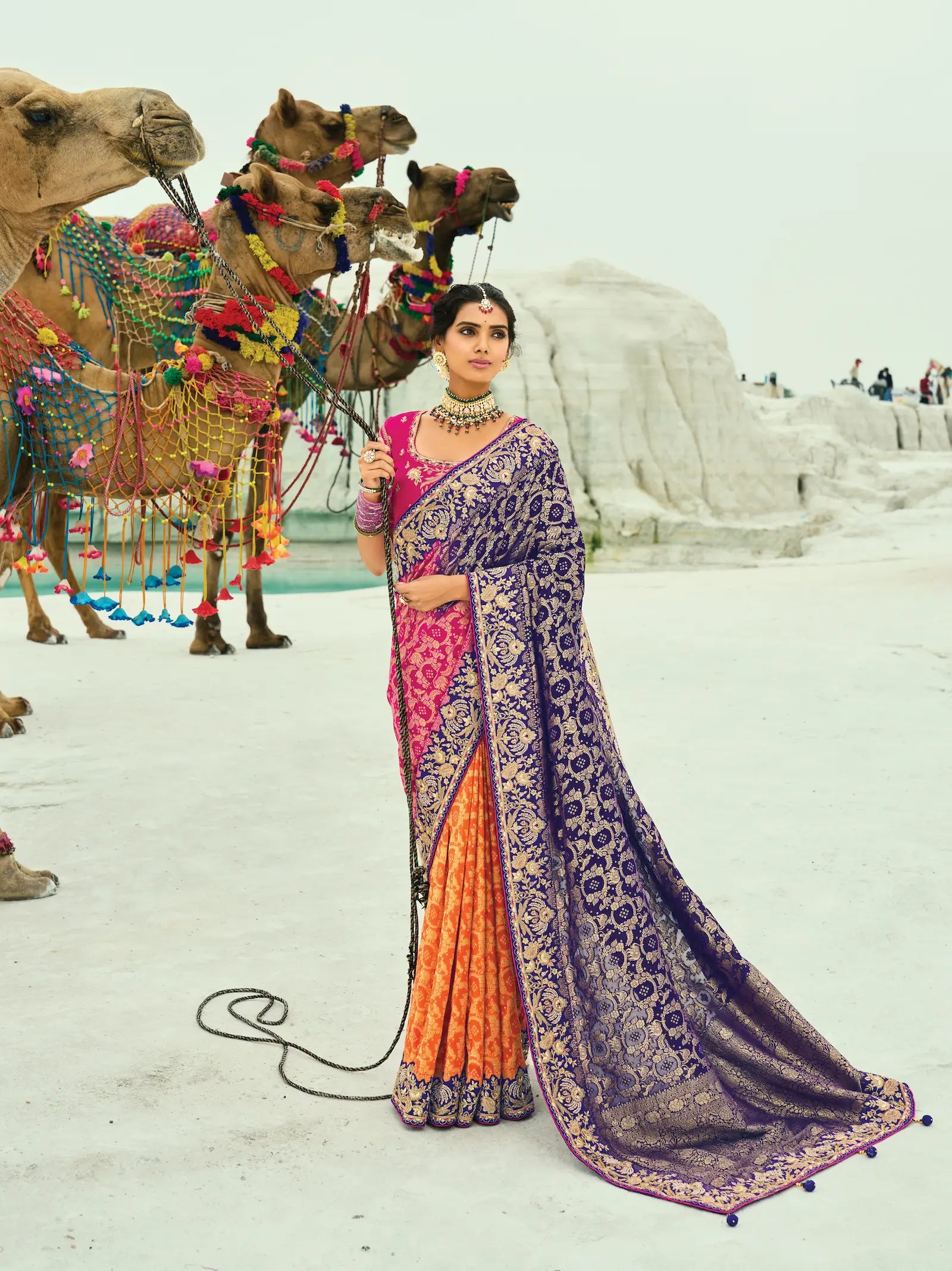 Purple-Pink-Orange Georgette Heavy Embroidered Bandhej Saree - qivii