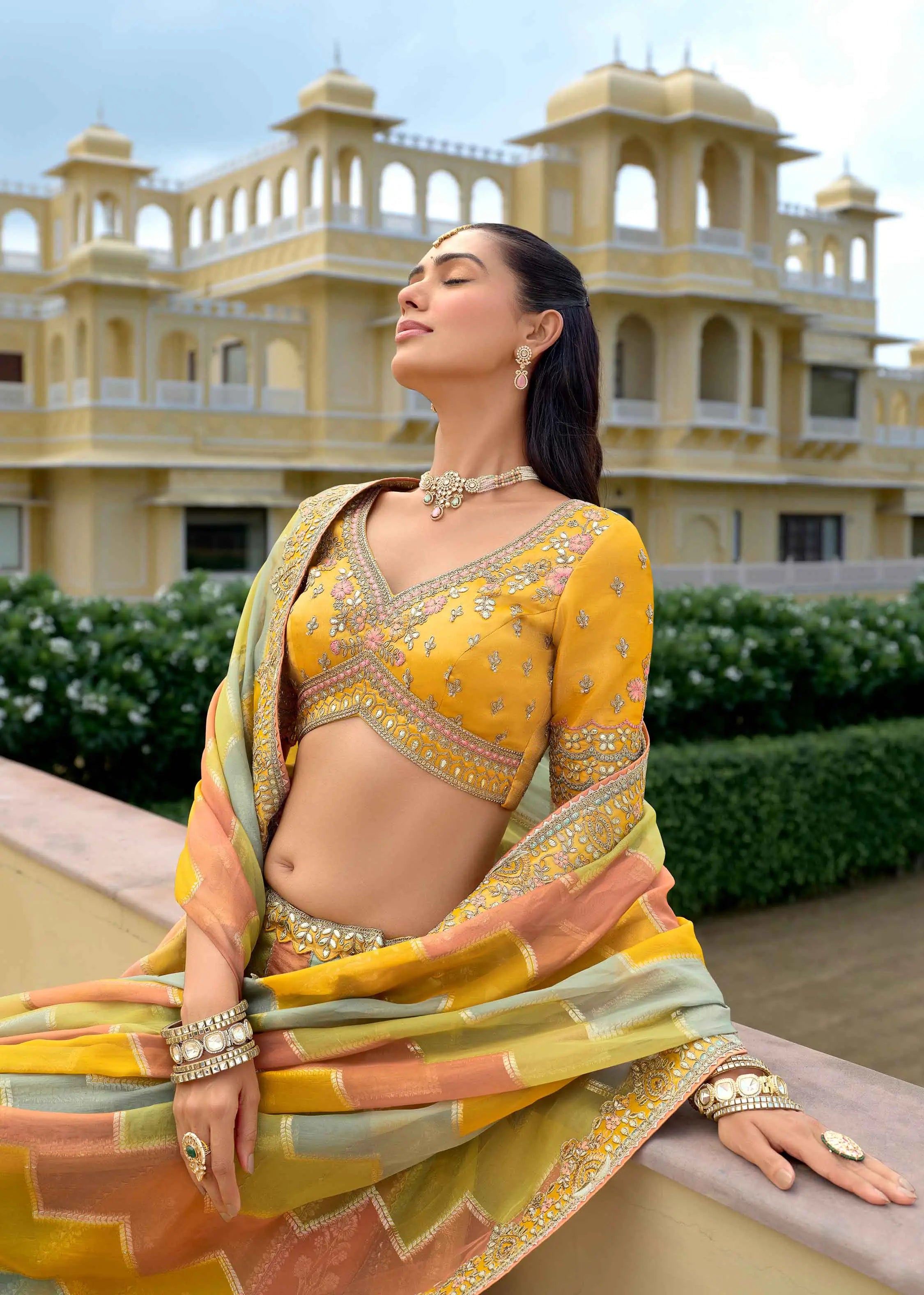 Pastel Yellow Designer Embroidery Work Lehenga