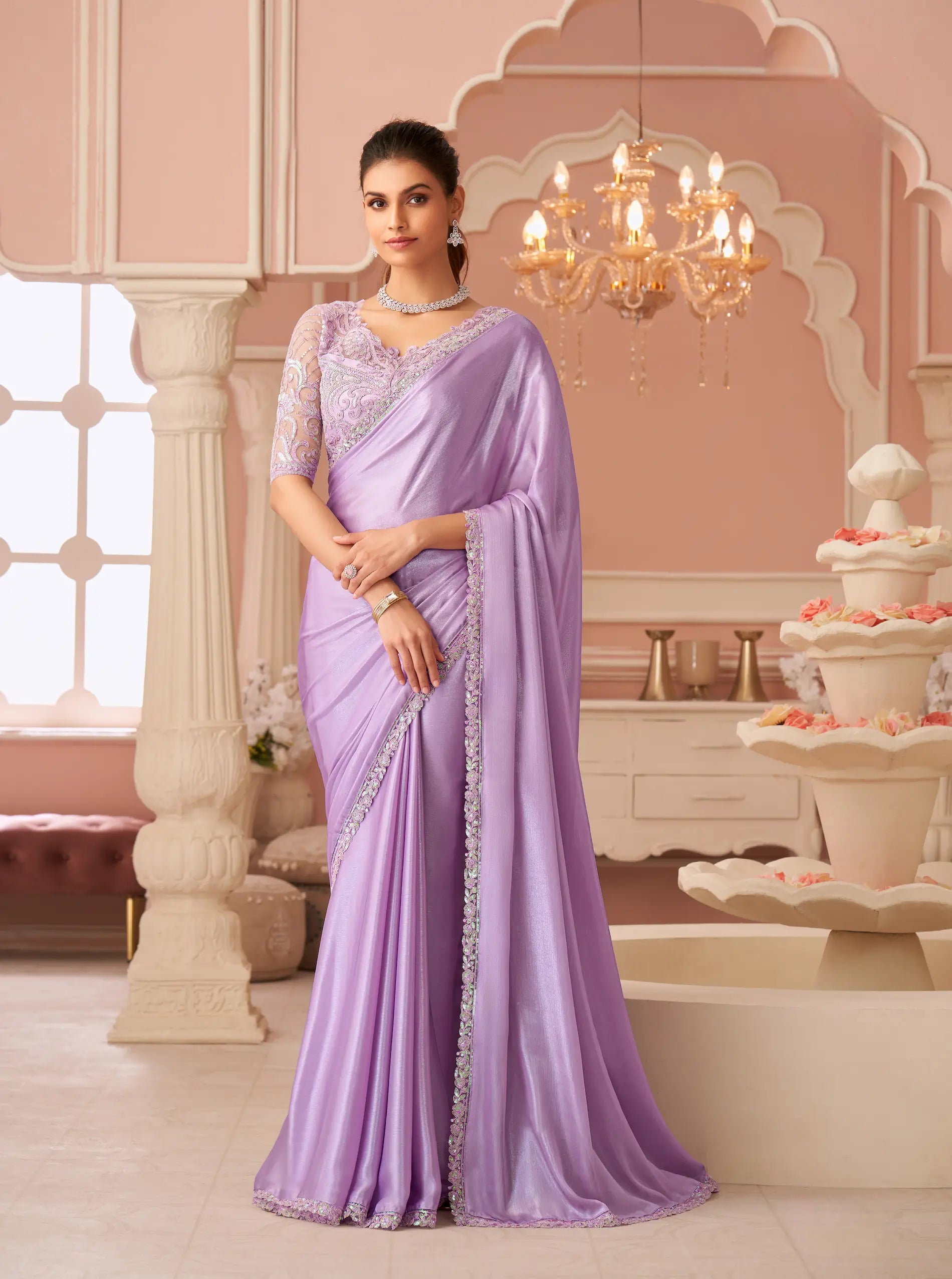 Lavender Silver Chiffon Thread & Sequins Embroidery Work Saree - qivii