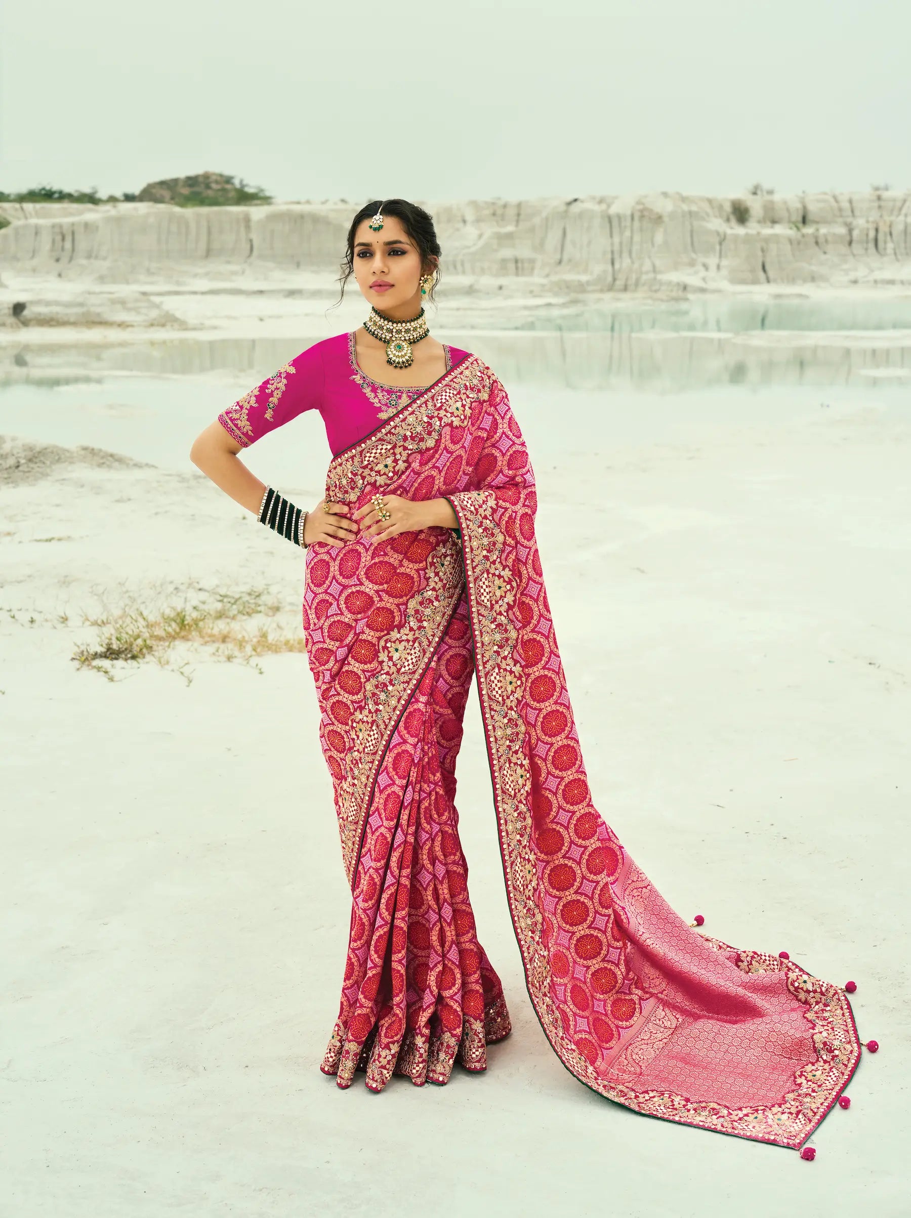 Red-Rani Pink Georgette Heavy Embroidered Bandhej Saree - qivii