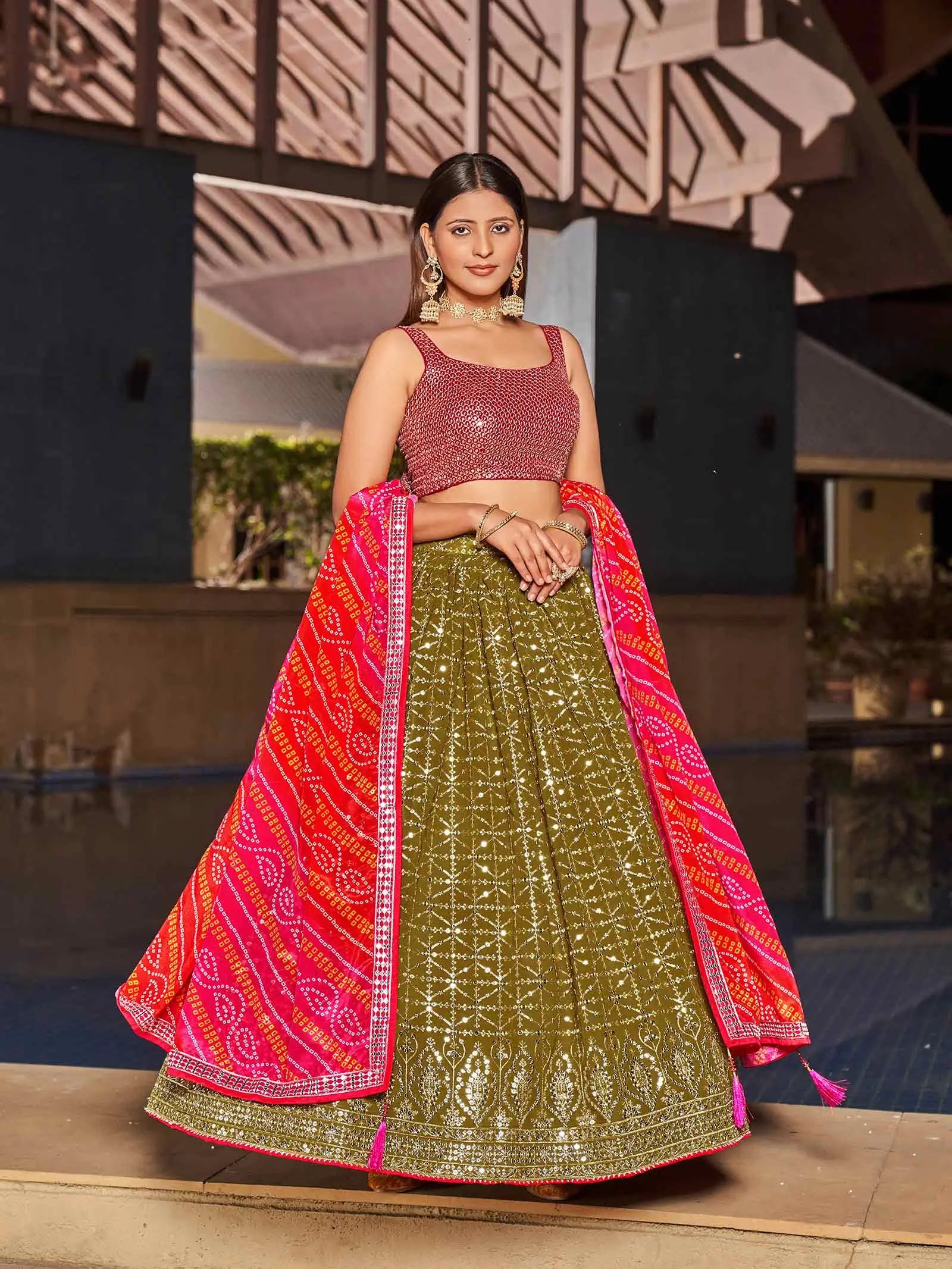 Olive Pink Georgette Lehenga With Zari And Sequins Embroidery Work | Ready To Wear - qivii