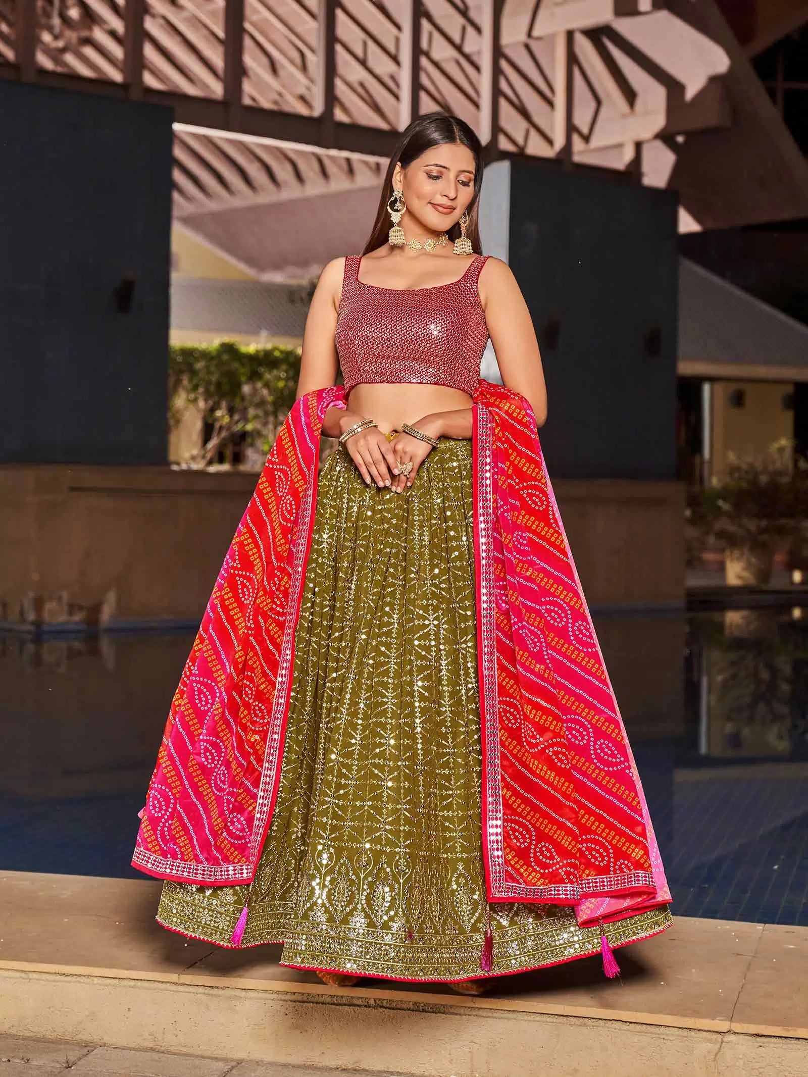 Olive Pink Georgette Lehenga With Zari And Sequins Embroidery Work | Ready To Wear - qivii
