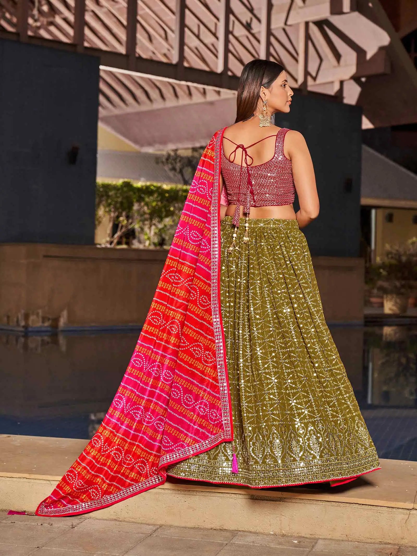 Olive Pink Georgette Lehenga With Zari And Sequins Embroidery Work | Ready To Wear - qivii