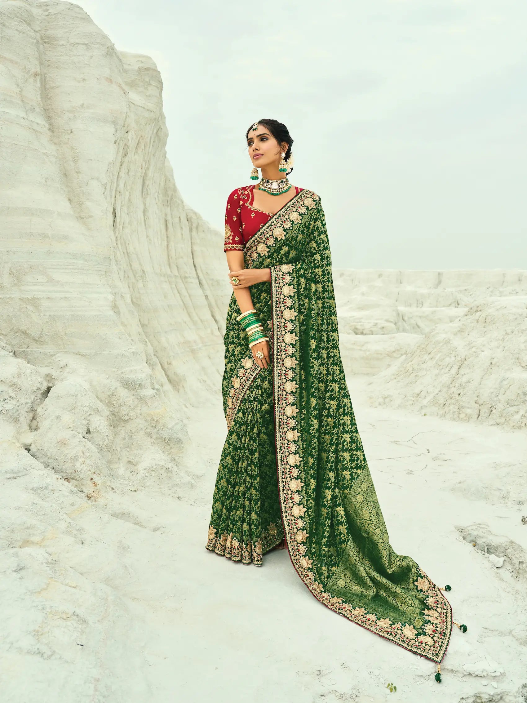 Dark Green Georgette Heavy Embroidered Bandhej Saree - qivii
