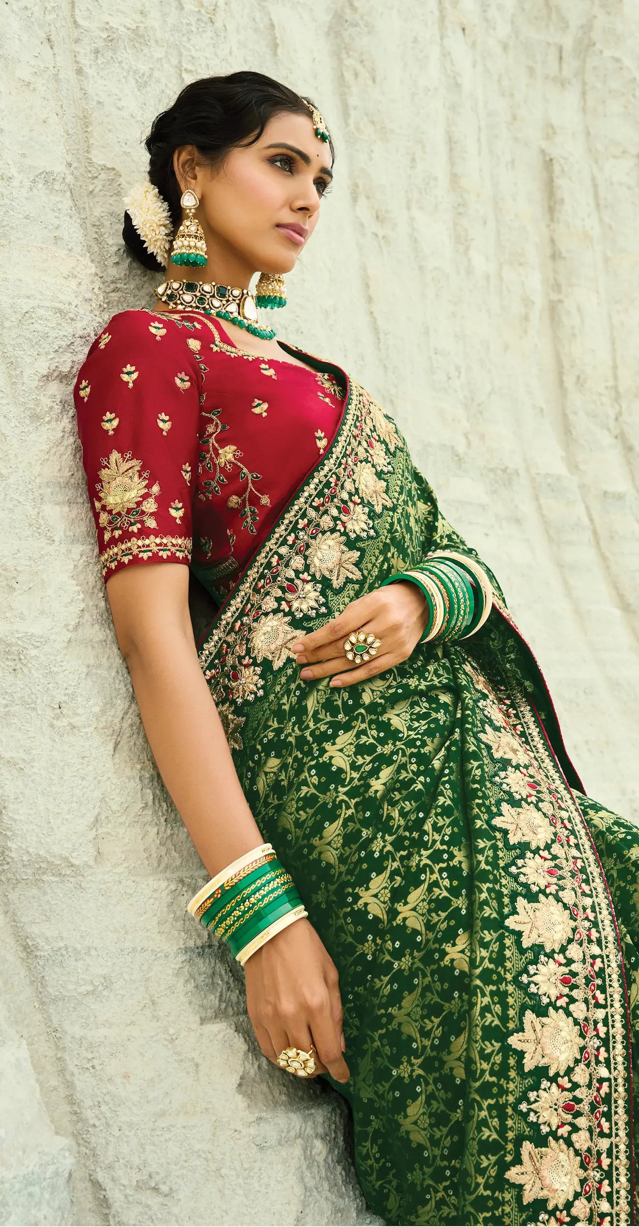 Dark Green Georgette Heavy Embroidered Bandhej Saree - qivii