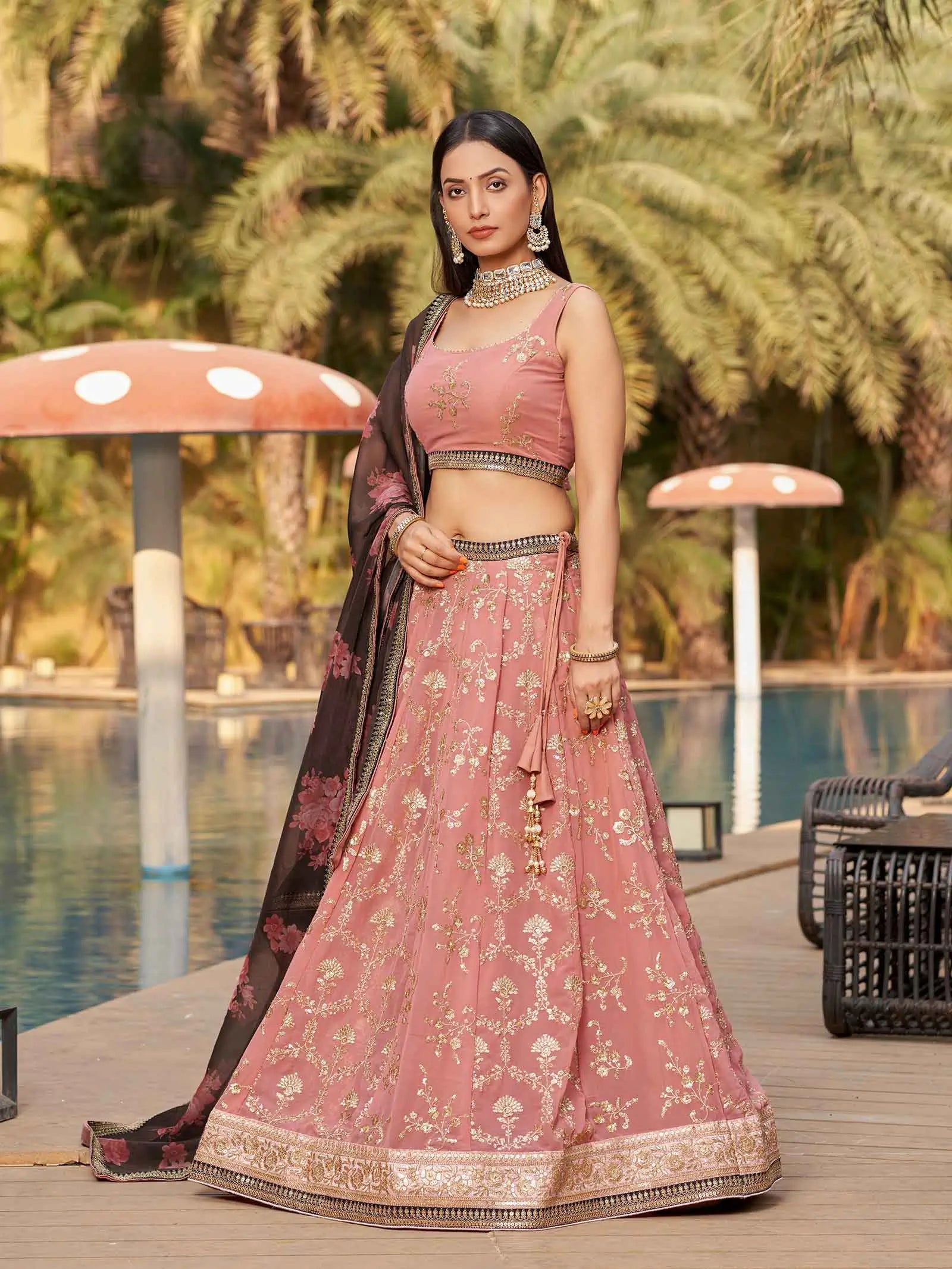 Dusty Pink Brown Georgette Lehenga With Thread Zari Dori Sequins Embroidery Work With Digital print | Ready To Wear - qivii