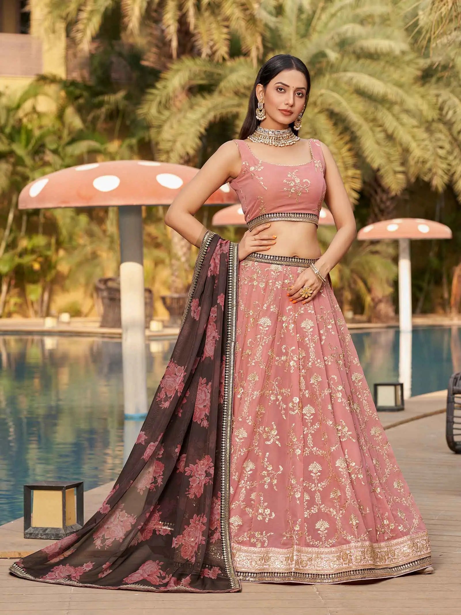 Dusty Pink Brown Georgette Lehenga With Thread Zari Dori Sequins Embroidery Work With Digital print | Ready To Wear - qivii