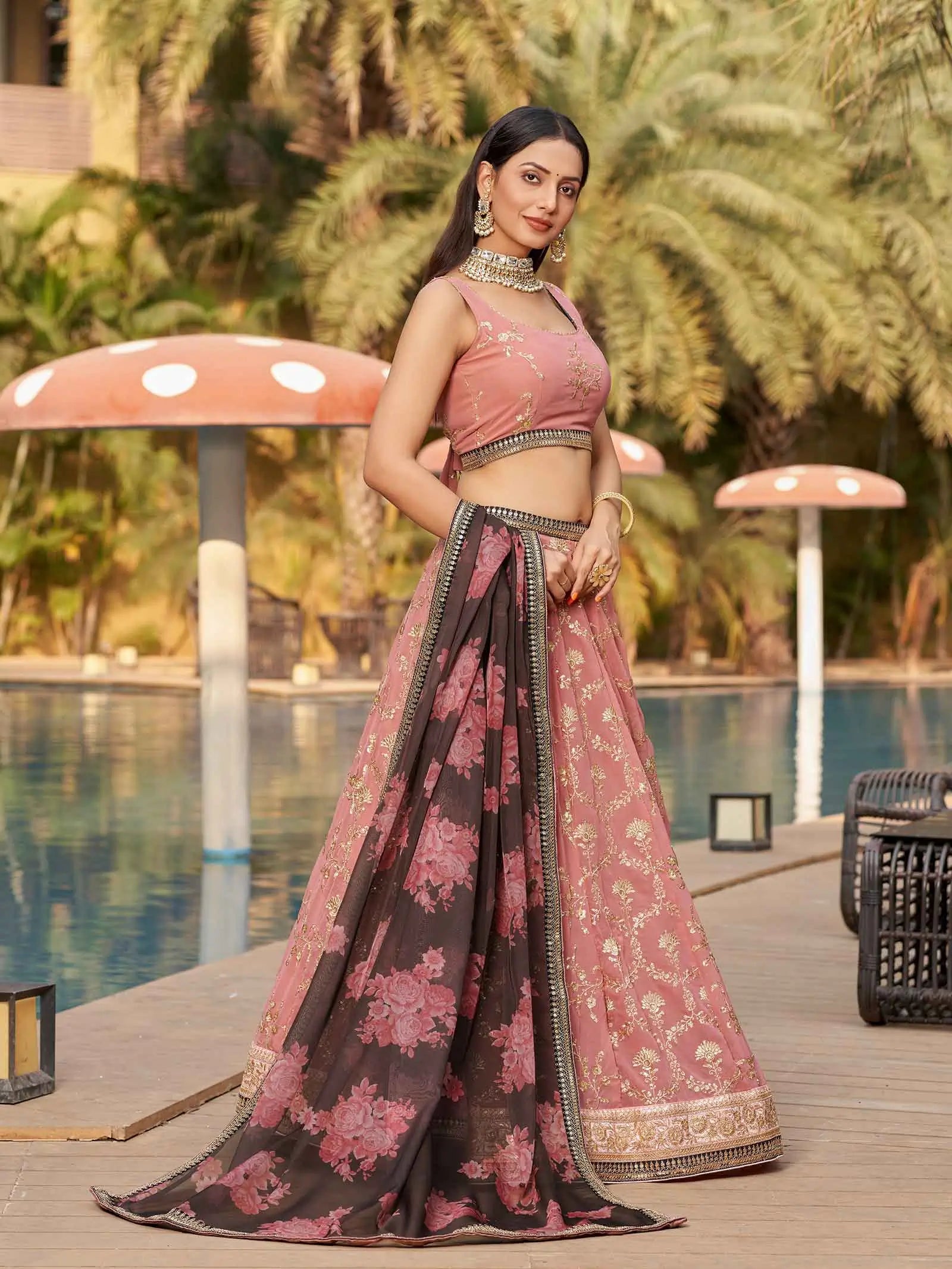 Dusty Pink Brown Georgette Lehenga With Thread Zari Dori Sequins Embroidery Work With Digital print | Ready To Wear - qivii