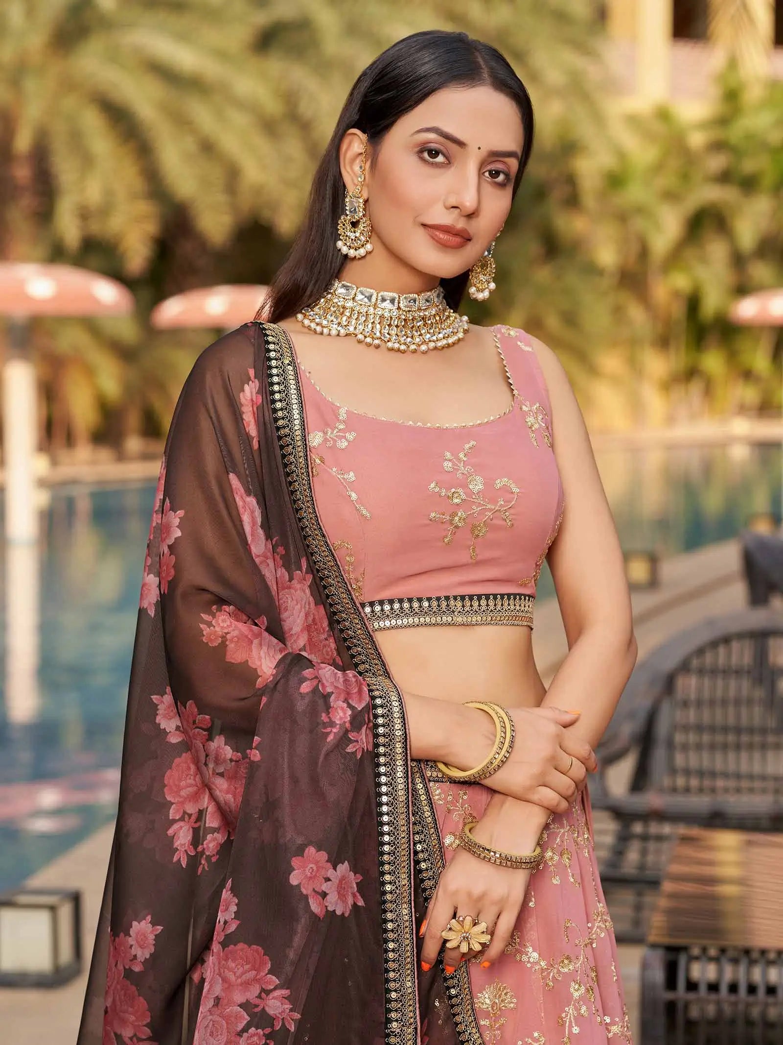 Dusty Pink Brown Georgette Lehenga With Thread Zari Dori Sequins Embroidery Work With Digital print | Ready To Wear - qivii