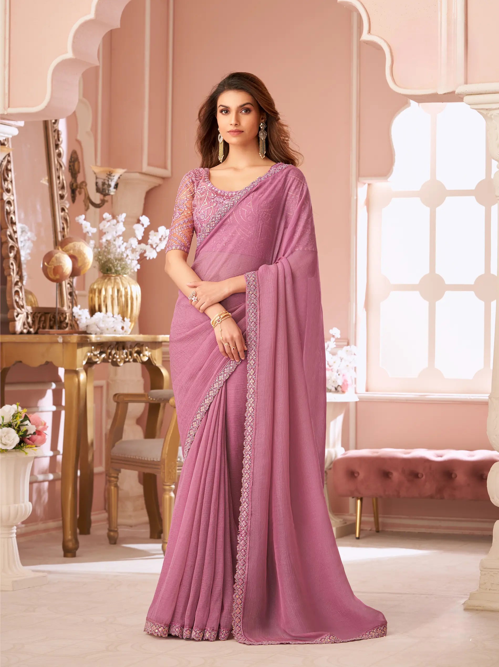 Onion Pink Crystal Georgette Thread & Sequins Embroidery Work Saree - qivii