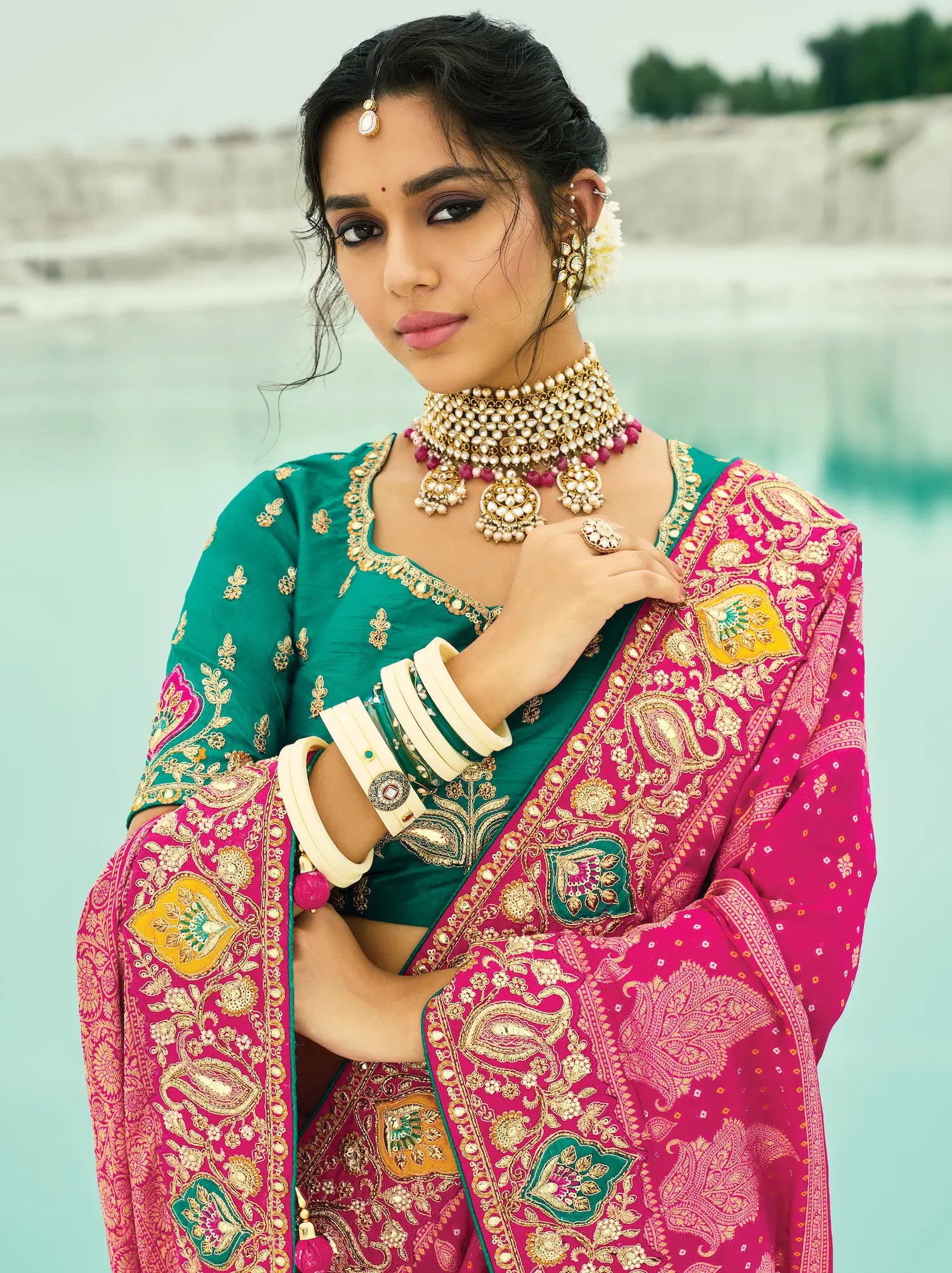 Rani Pink Georgette Heavy Embroidered Bandhej Saree - qivii