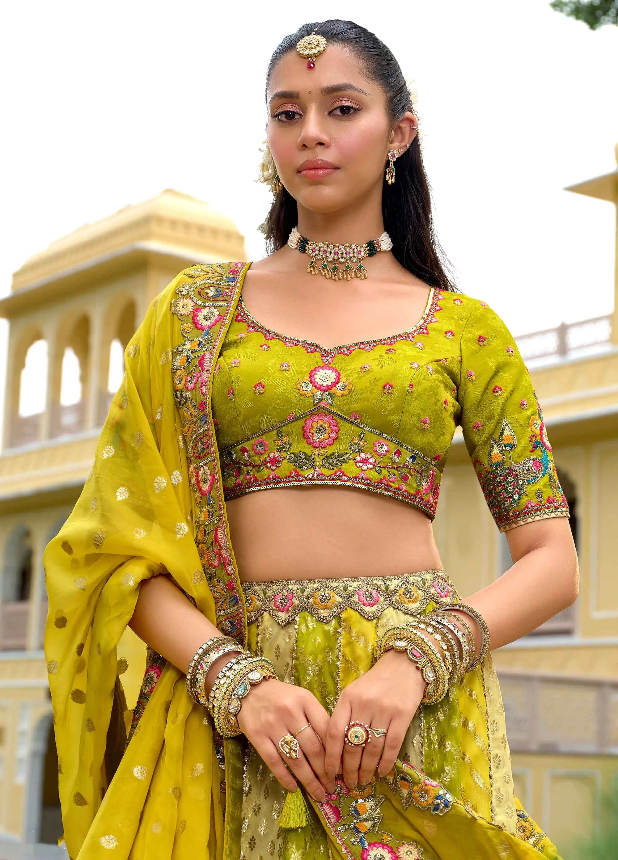 Olive Yellow Embroidery Peacock Work Lehenga