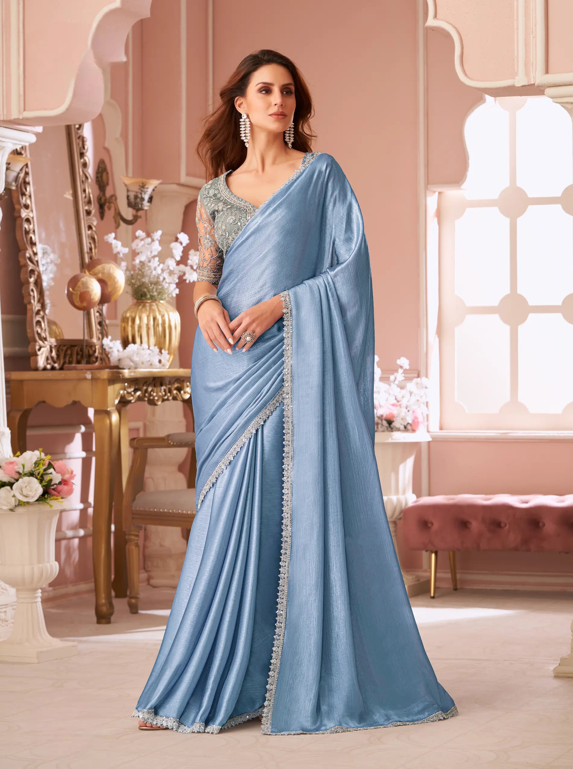 Sky Grey Silver Chiffon Thread & Sequins Embroidery Work Saree - qivii
