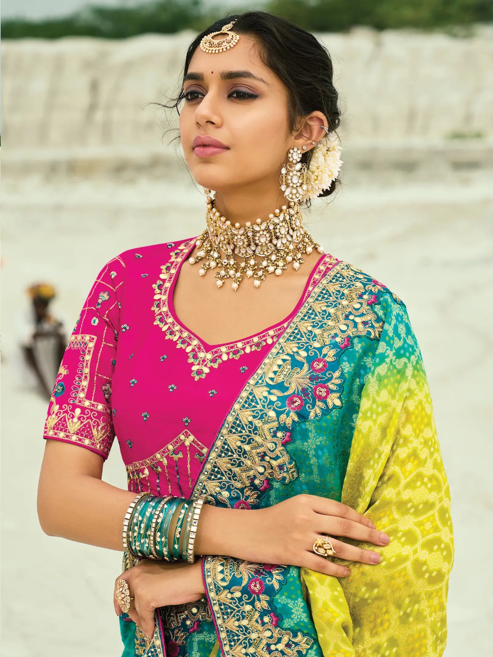 Yellow-Teal Blue Georgette Heavy Embroidered Bandhej Saree - qivii